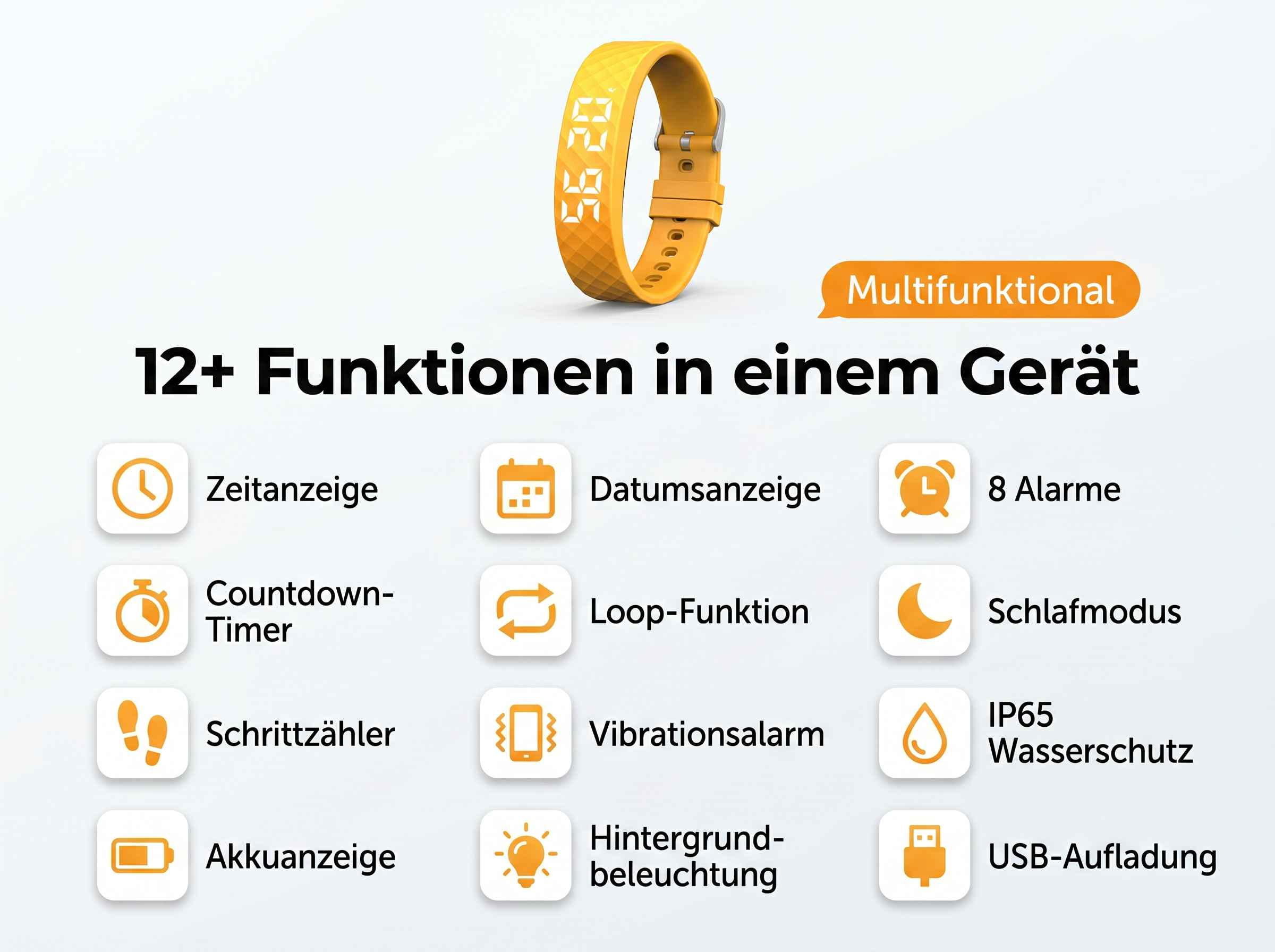 Ein gelbes Fitnessarmband mit digitaler Anzeige und Funktionen.