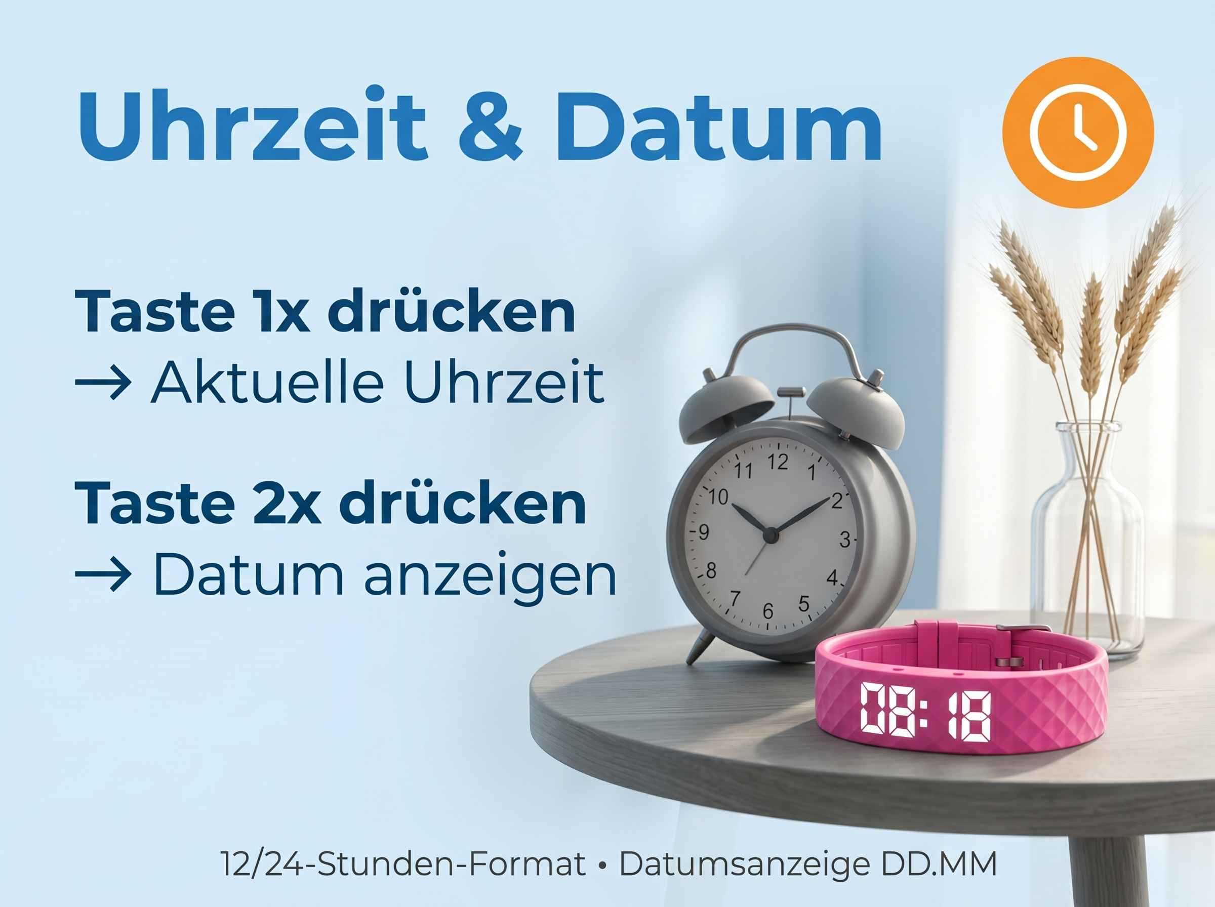 Ein Wecker und ein pinkes Armband mit digitaler Uhrzeit 08:18 stehen auf einem Tisch.