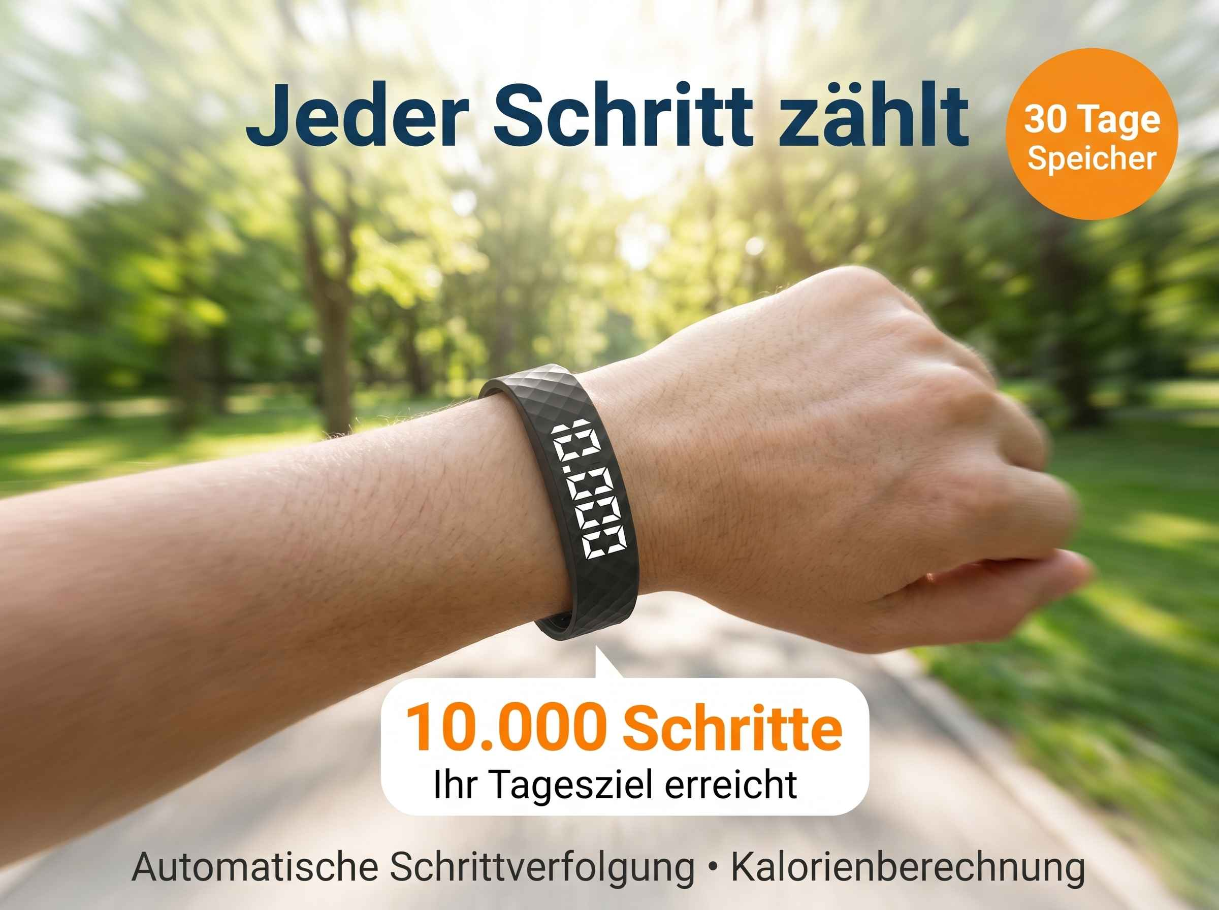 Eine Hand trägt einen schwarzen Fitness-Tracker, der 10.000 Schritte anzeigt.