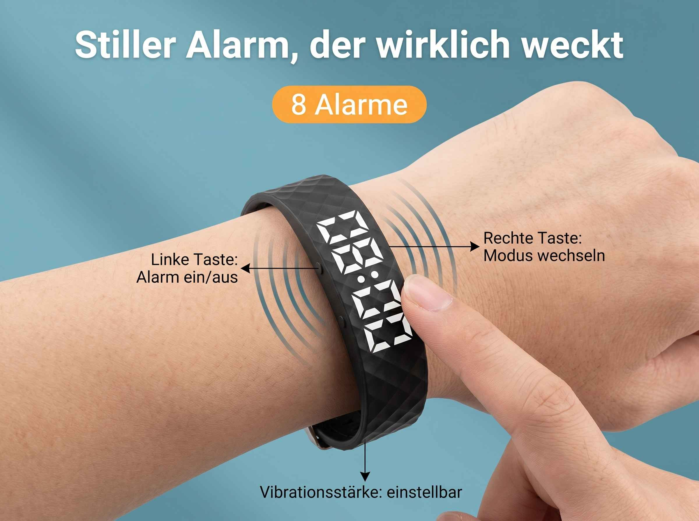 Eine Hand trägt eine schwarze Smartwatch mit digitaler Anzeige und Beschriftung.