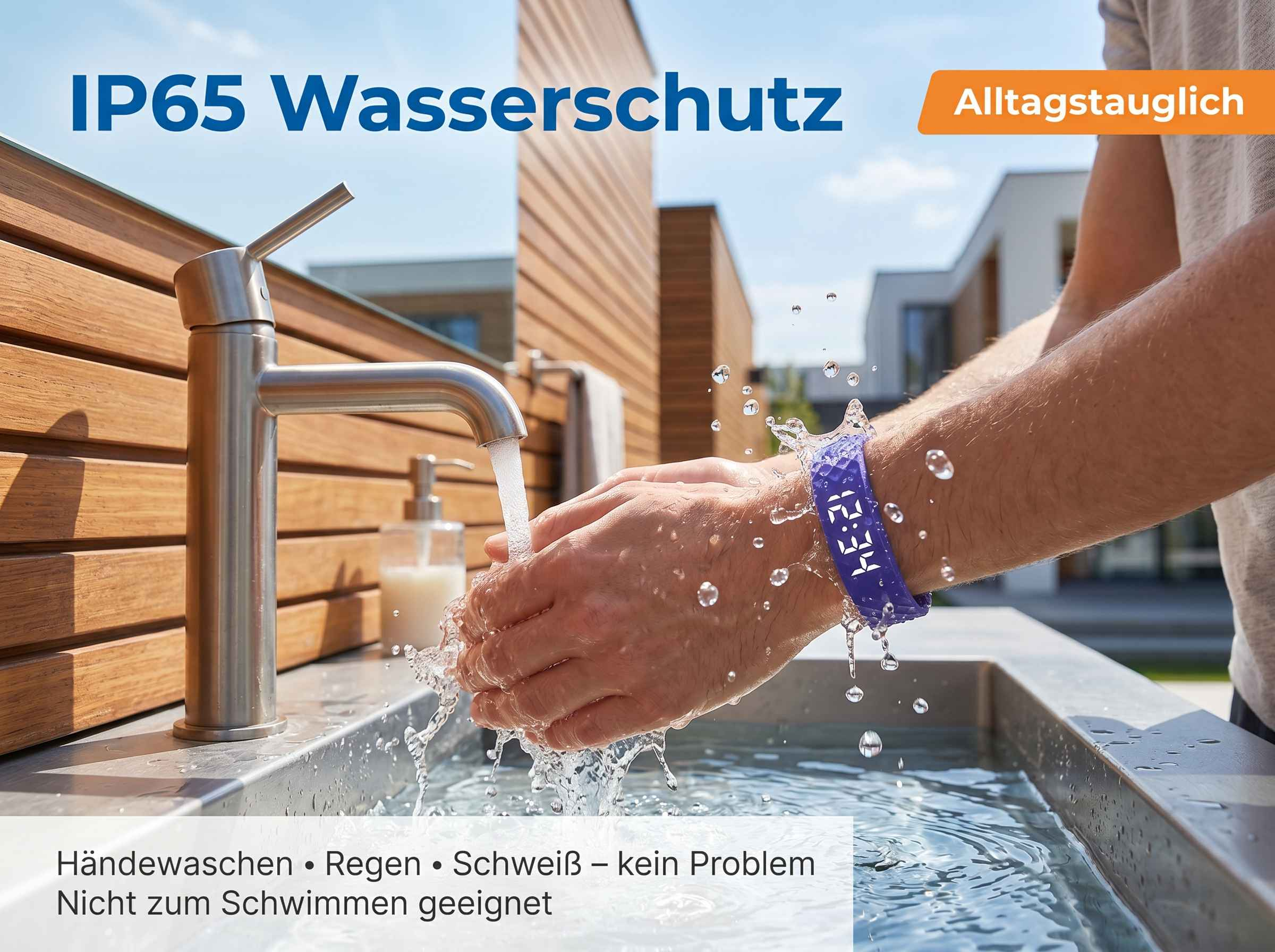 Hände werden unter einem Wasserhahn gewaschen. Ein blaues Armband mit Uhrzeit ist sichtbar.