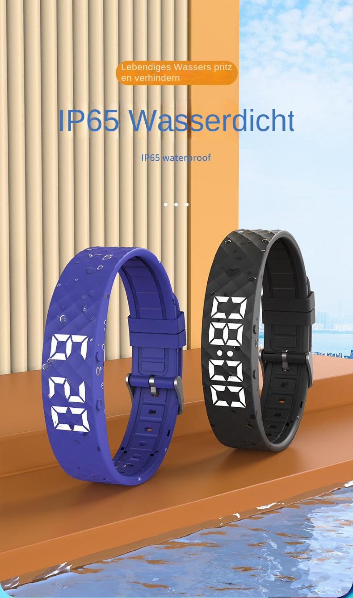 Zwei wasserdichte digitale Uhren, eine blau, eine schwarz, mit Zifferblättern.