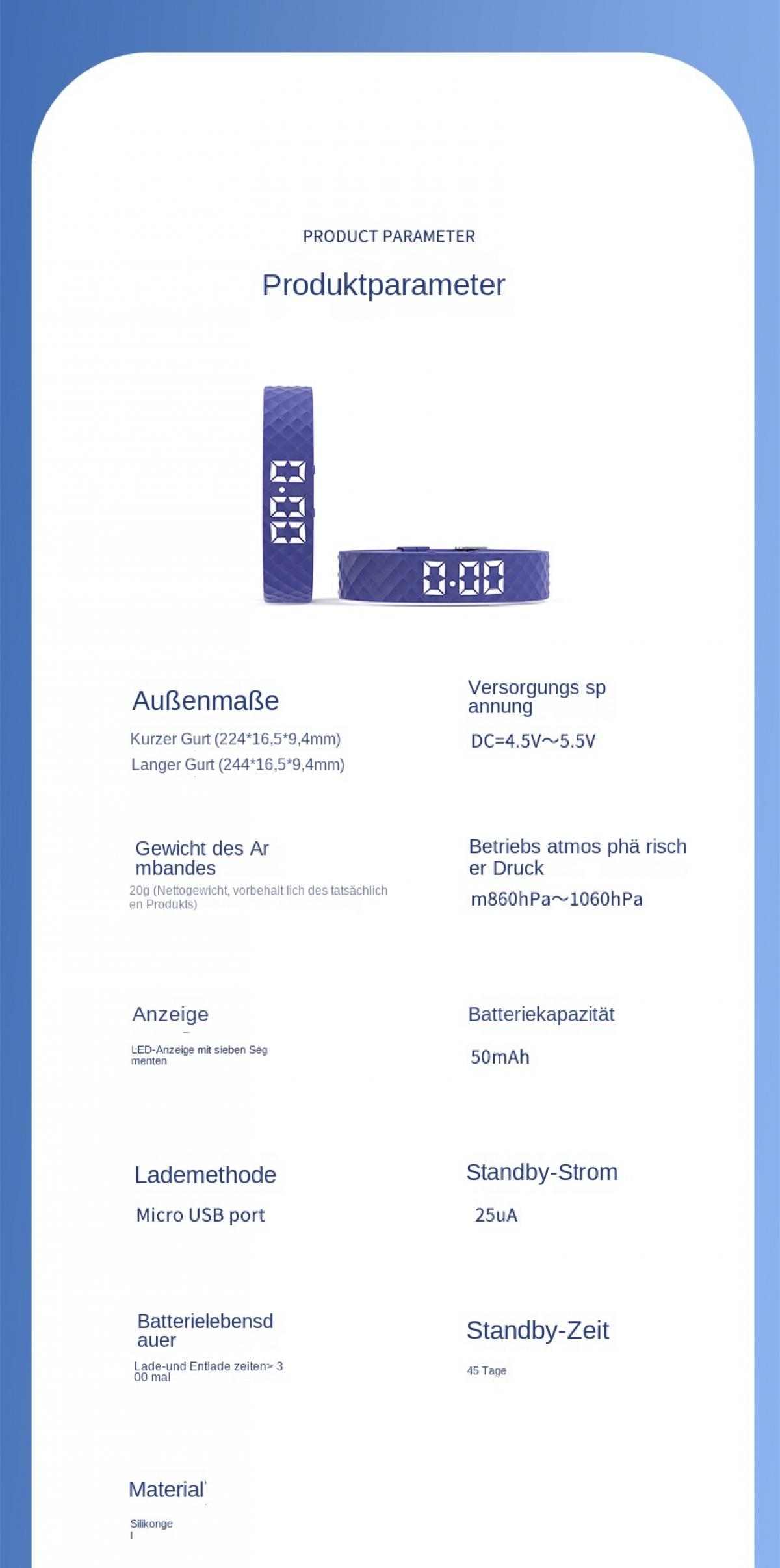 Produktparameter mit lila Smartwatch, Abmessungen, Gewicht, Anzeige und Ladeoptionen.