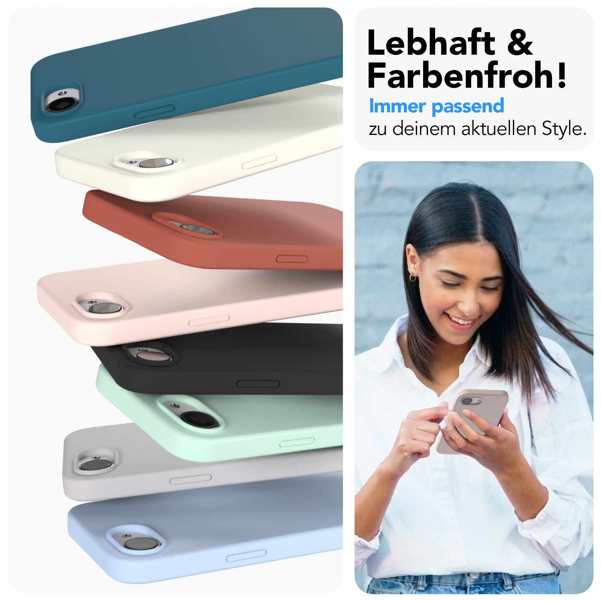 Gestapelte Handyhüllen in Blau, Creme, Rostrot, Rosa, Schwarz, Mintgrün, Grau und Blau.