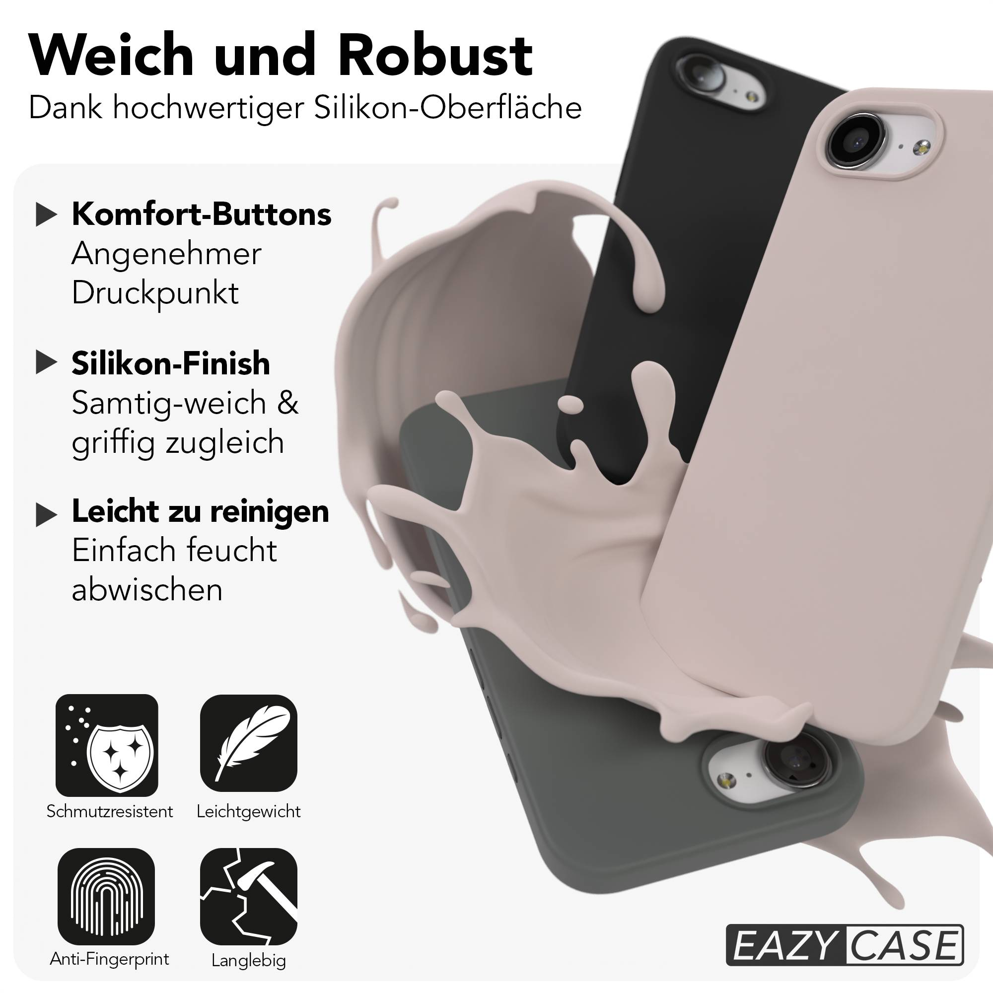 Drei Silikonhüllen in Schwarz, Rosa und Dunkelgrün, mit cremefarbener Flüssigkeit.