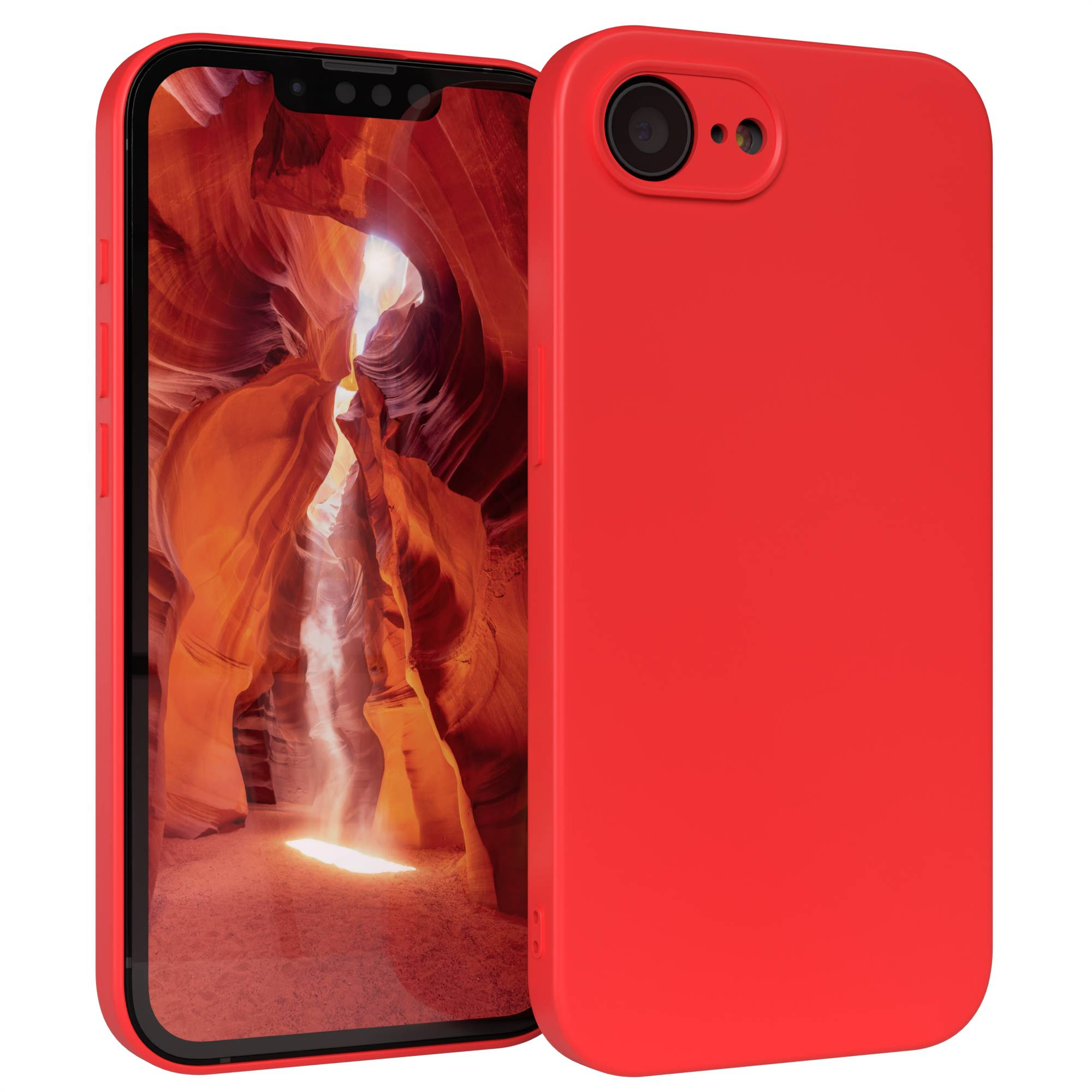 Ein rotes Smartphone mit einem Canyon-Hintergrundbild, das auf dem Bildschirm zu sehen ist.