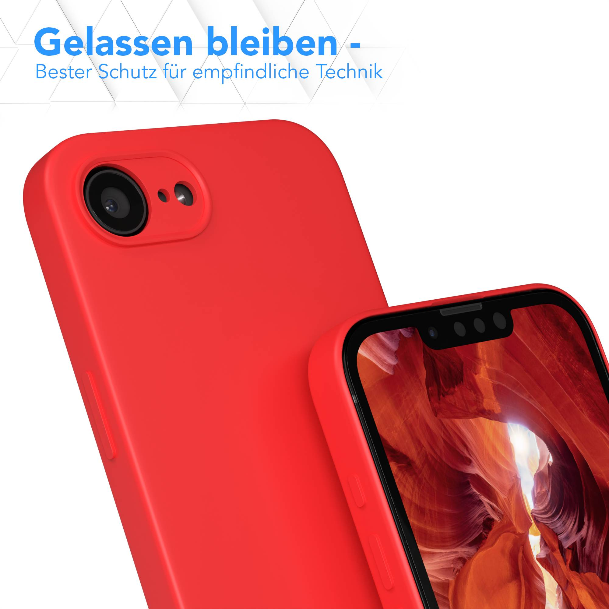 Rote Handyhülle mit Kamerainsel und Display, das eine Schlucht zeigt.