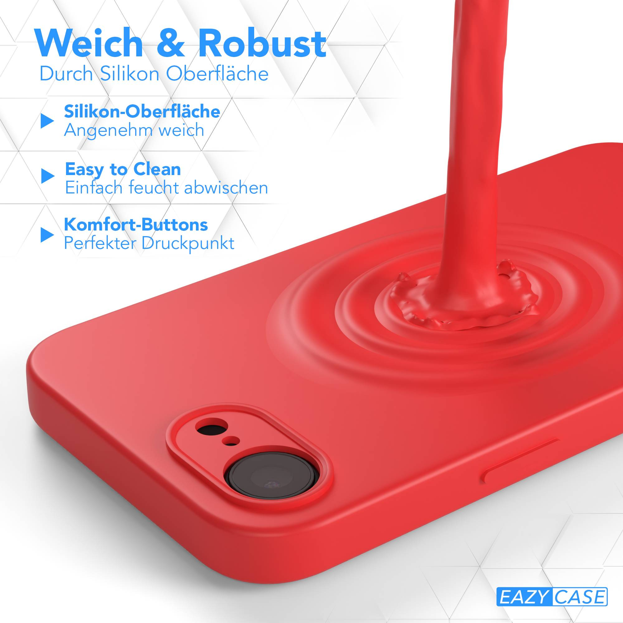 Rote Handyhülle mit flüssigem Rot, Wellenmuster und Kamerablende.