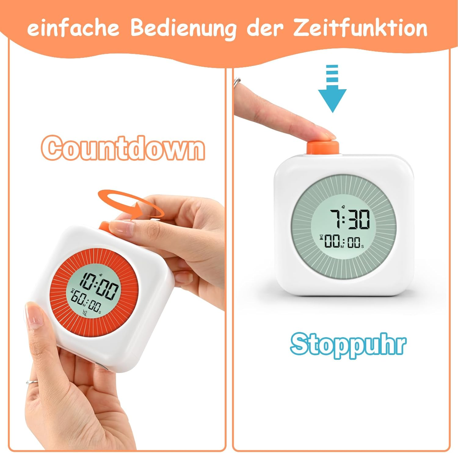 Zwei digitale Timer: Einer zeigt Countdown, der andere Stoppuhr.