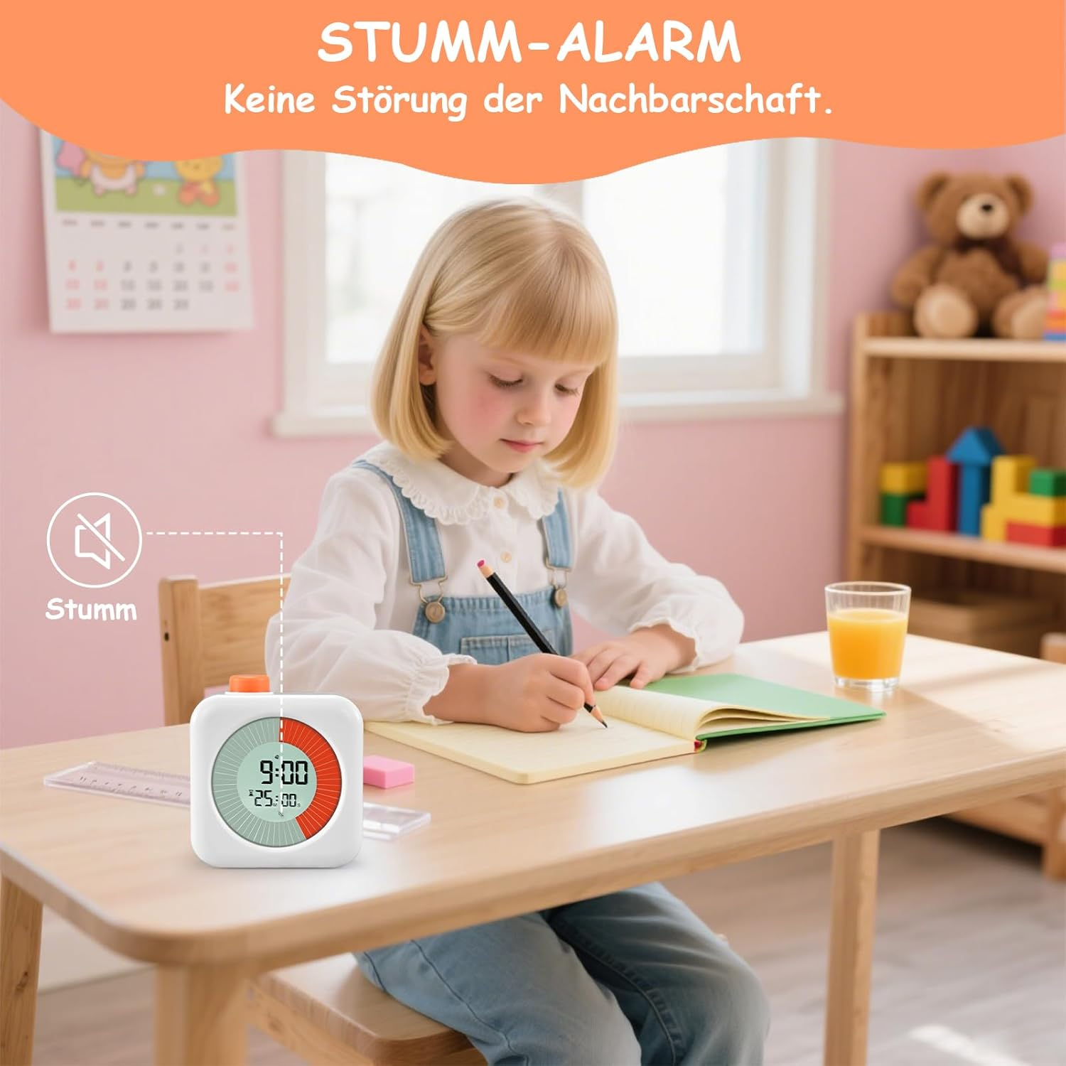Ein kleines Mädchen schreibt in ein Heft, ein Timer zeigt 9:00 und 25:00.