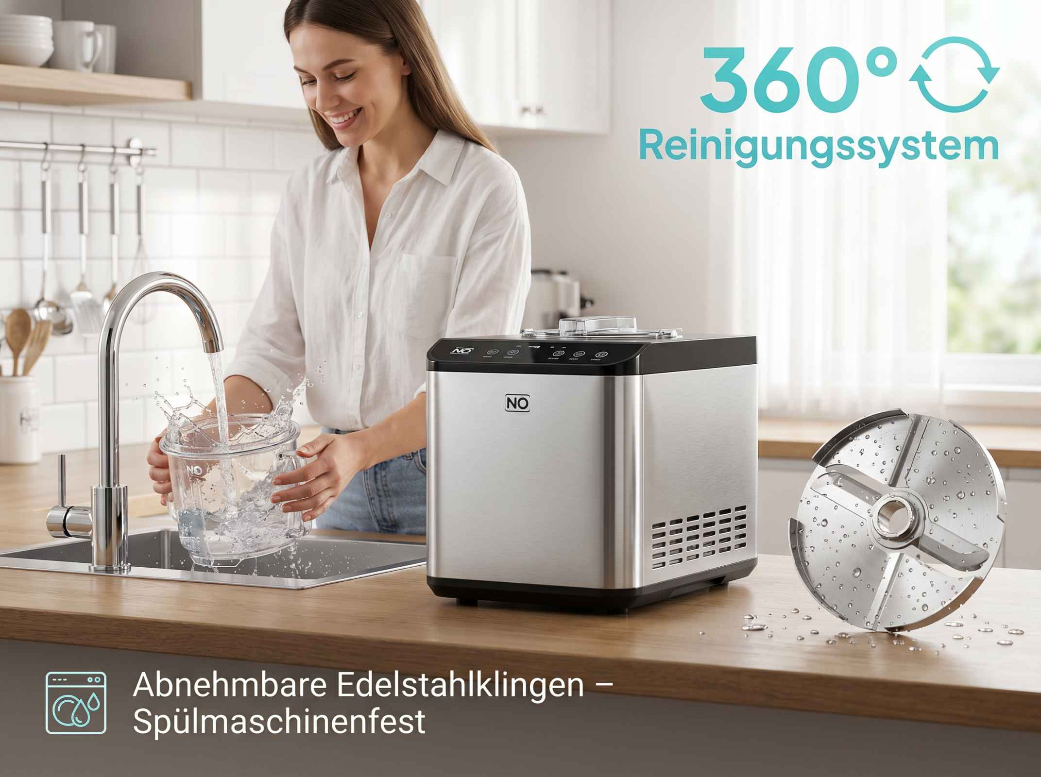 Frau reinigt Eismaschinen-Schüssel unter Wasserhahn. Maschine und Klinge auf Tisch.