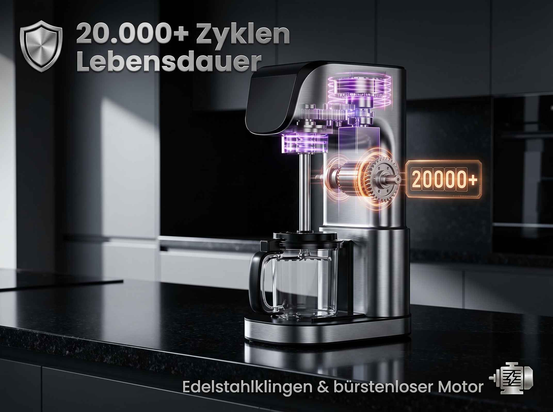 Kaffeemaschine mit 20.000+ Zyklen Lebensdauer, Stahlklingen, bürstenlosem Motor.