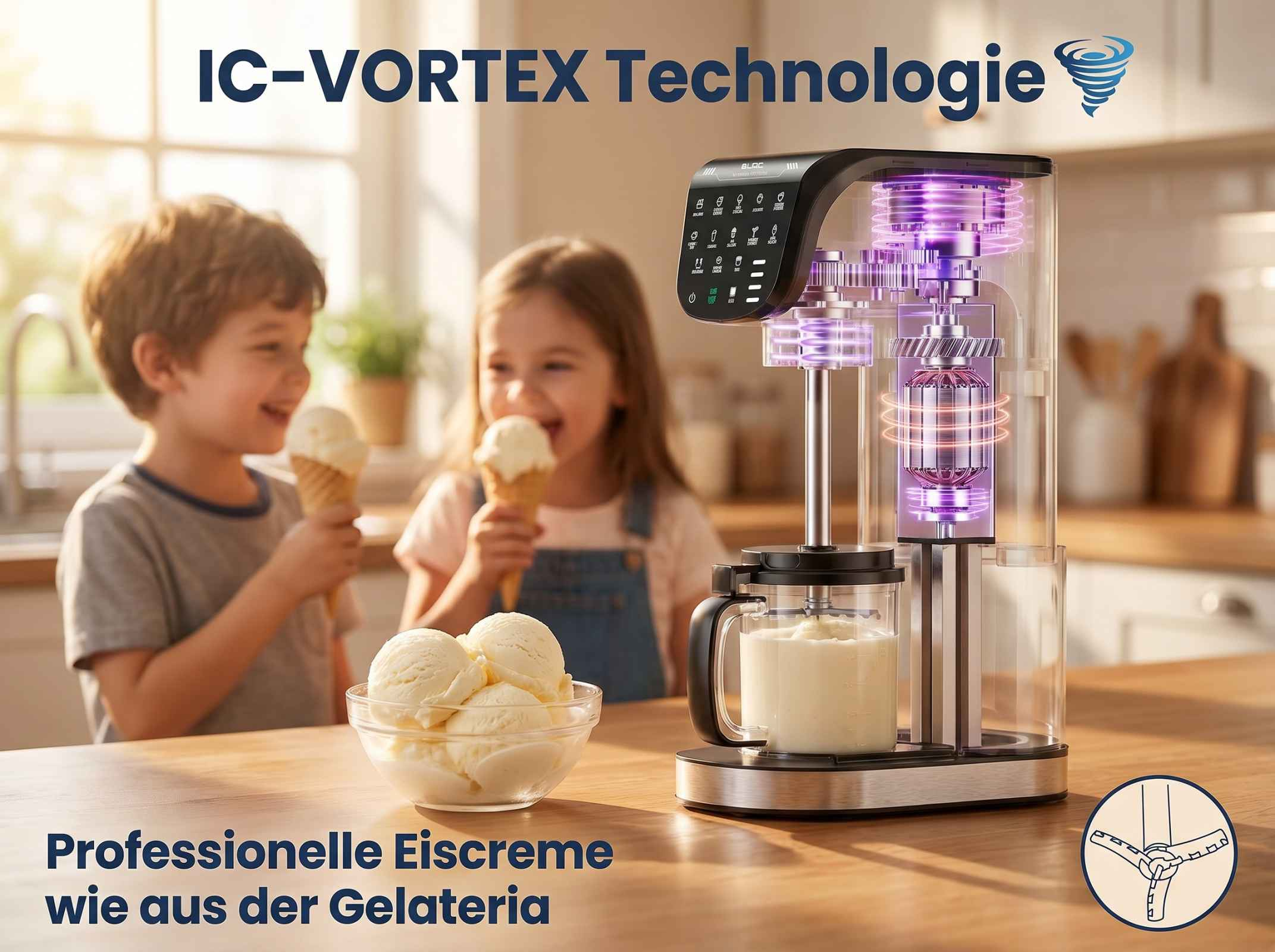 Eismaschine mit Kindern und Eiscreme auf einem Holztisch.