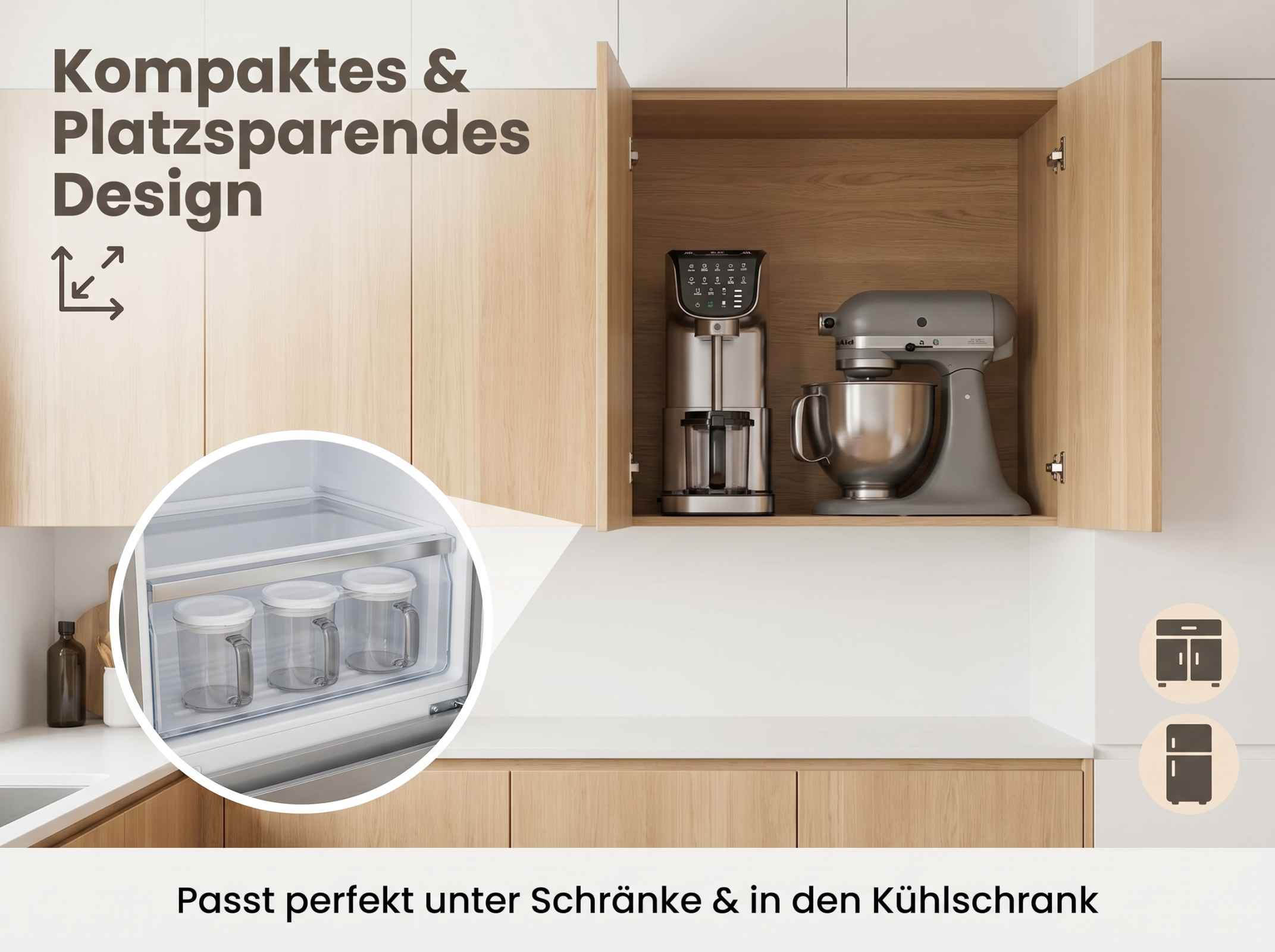 Küchengeräte in einem Holzschrank, drei Gläser im Kühlschrank.