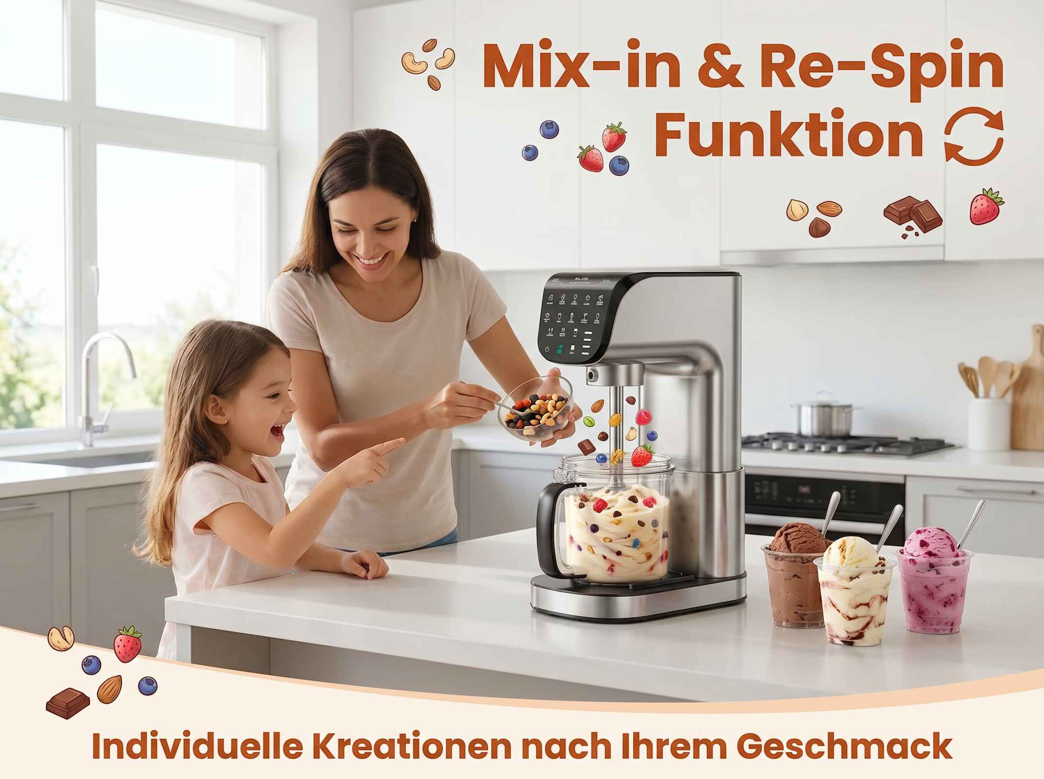 Mutter und Kind bereiten Eiscreme mit Mix-in-Zutaten zu.