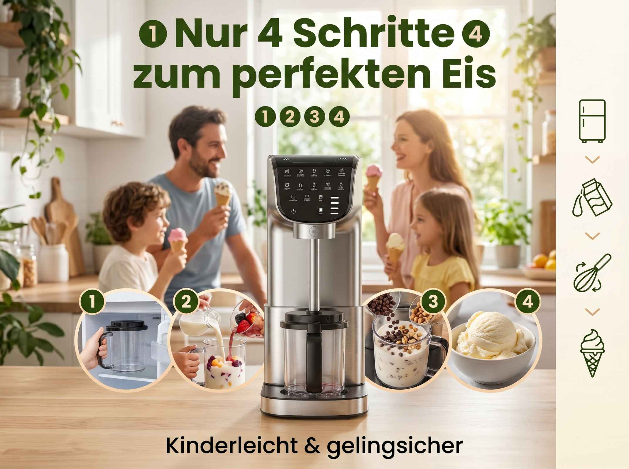 Familie macht Eis mit Maschine, 4 Schritte: Zutaten, Mixen, Toppings, Eis.