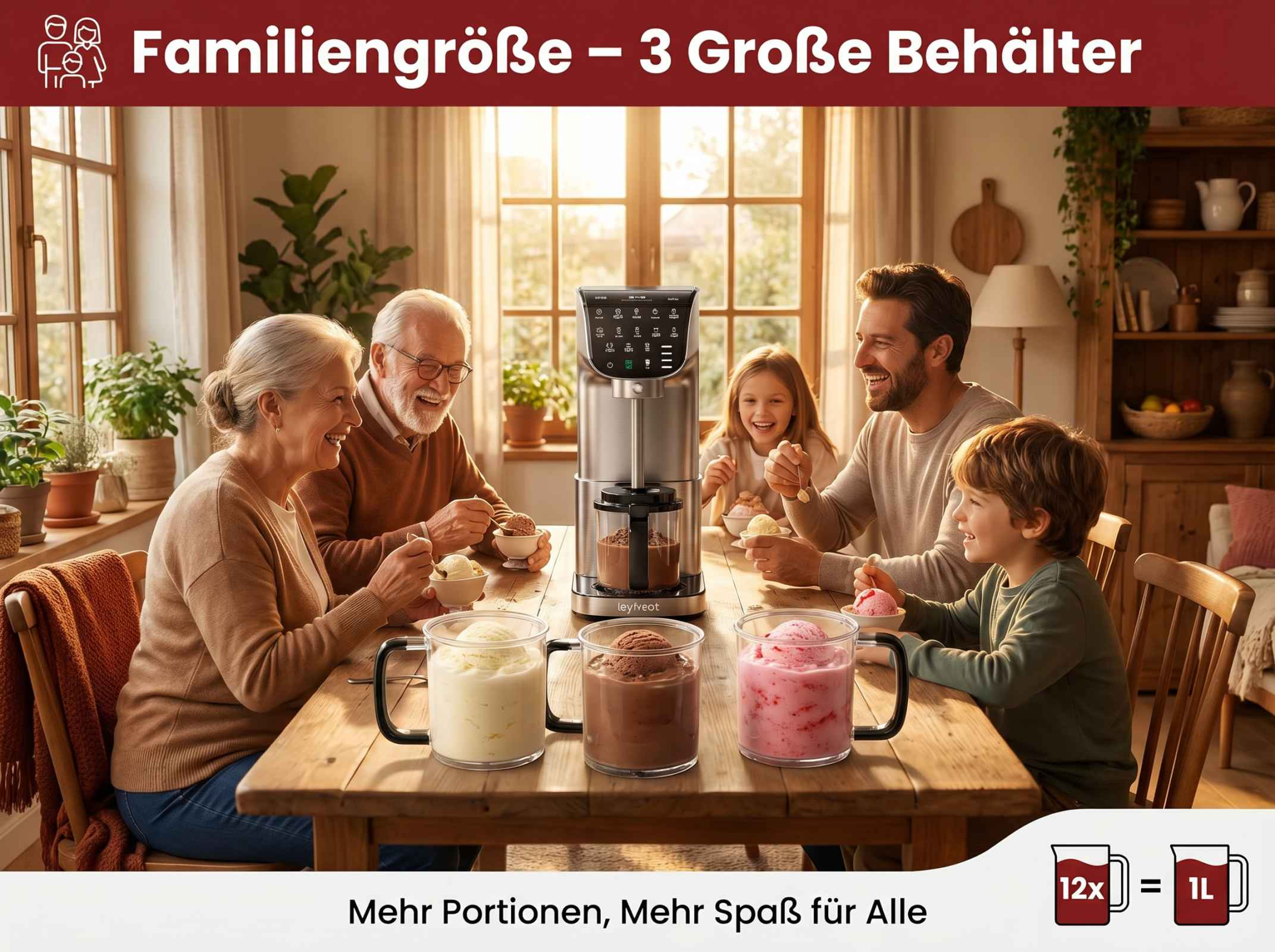 Eine Familie genießt Eiscreme an einem Holztisch, mit einer Eismaschine in der Mitte.