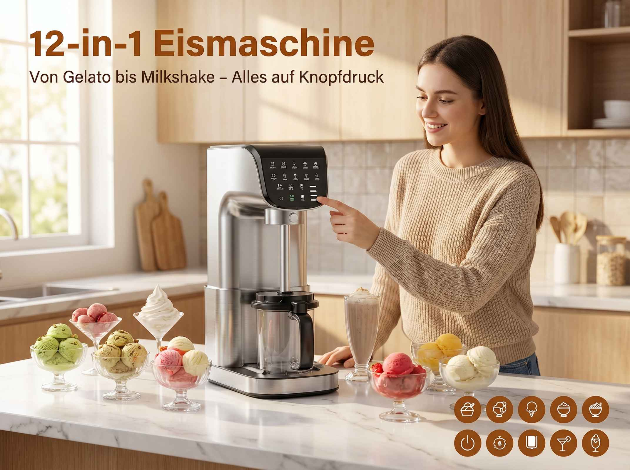 Eine Frau bedient eine Eismaschine mit verschiedenen Eissorten und Getränken im Vordergrund.