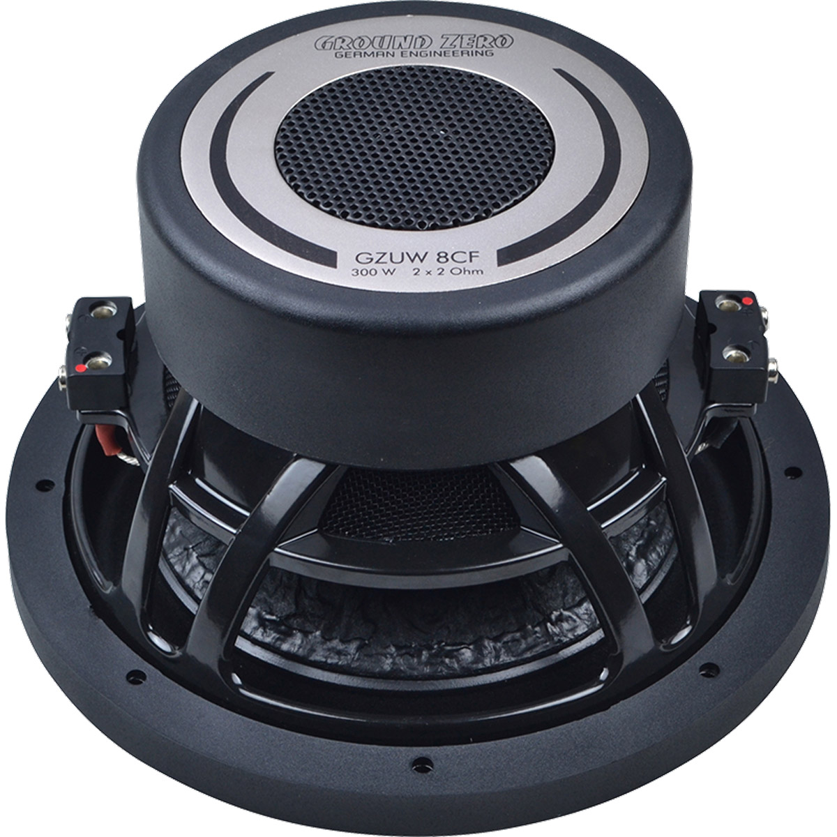 Schwarzer Subwoofer mit silbernen Akzenten und "Ground Zero" Logo.