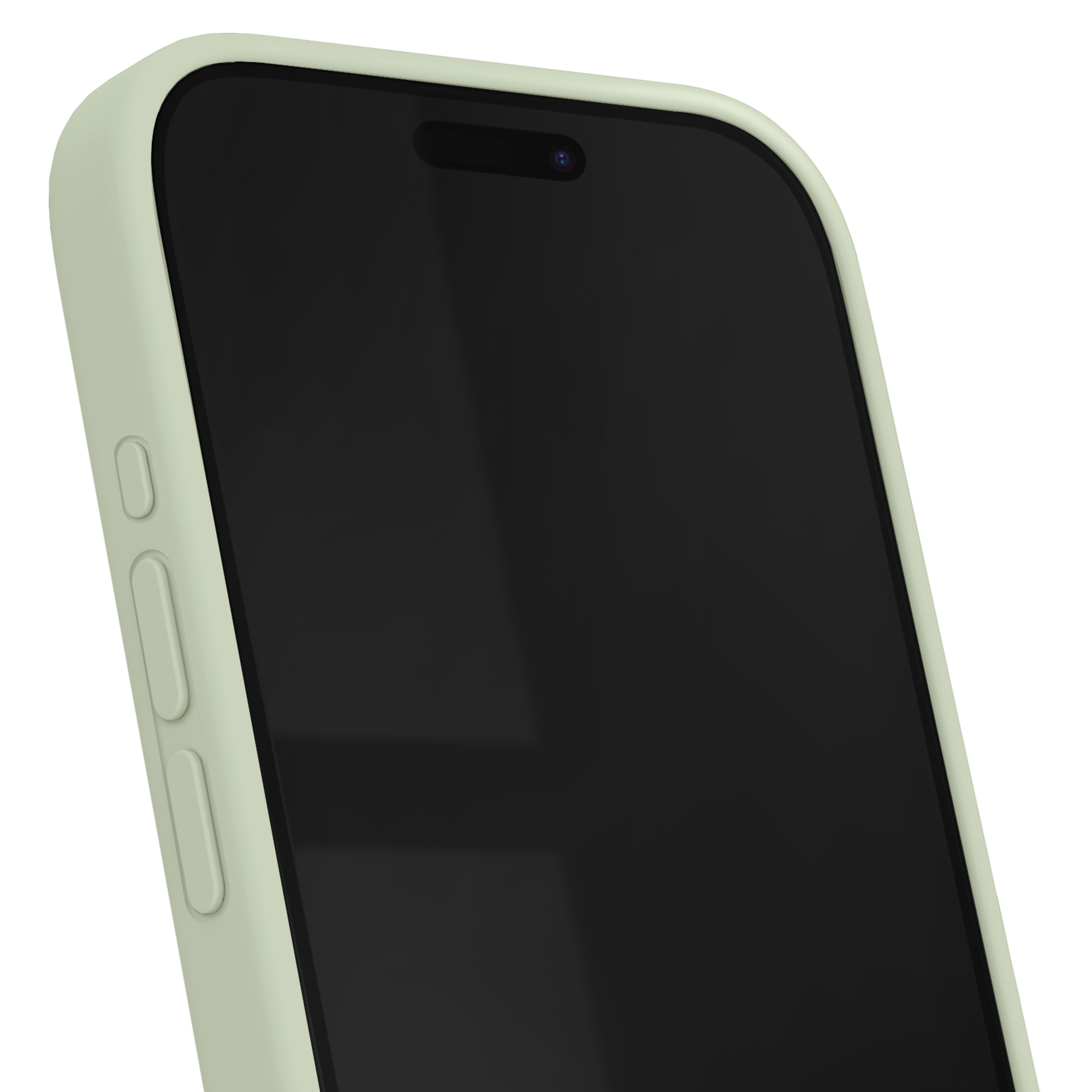 Ein hellgrünes Handy mit schwarzem Bildschirm und Kameraloch.