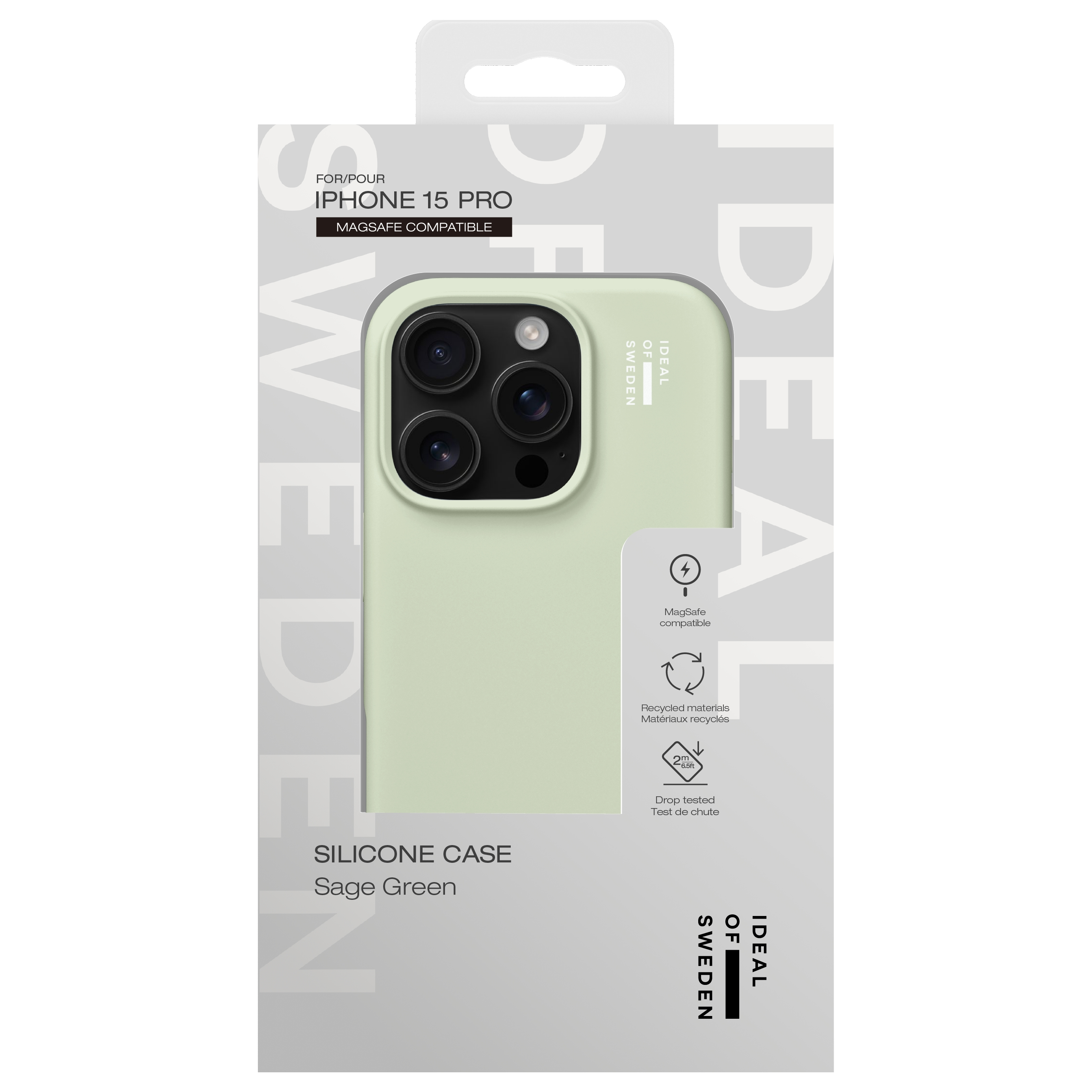 Eine Sage Green iPhone 15 Pro Silikonhülle mit MagSafe-Kompatibilität.