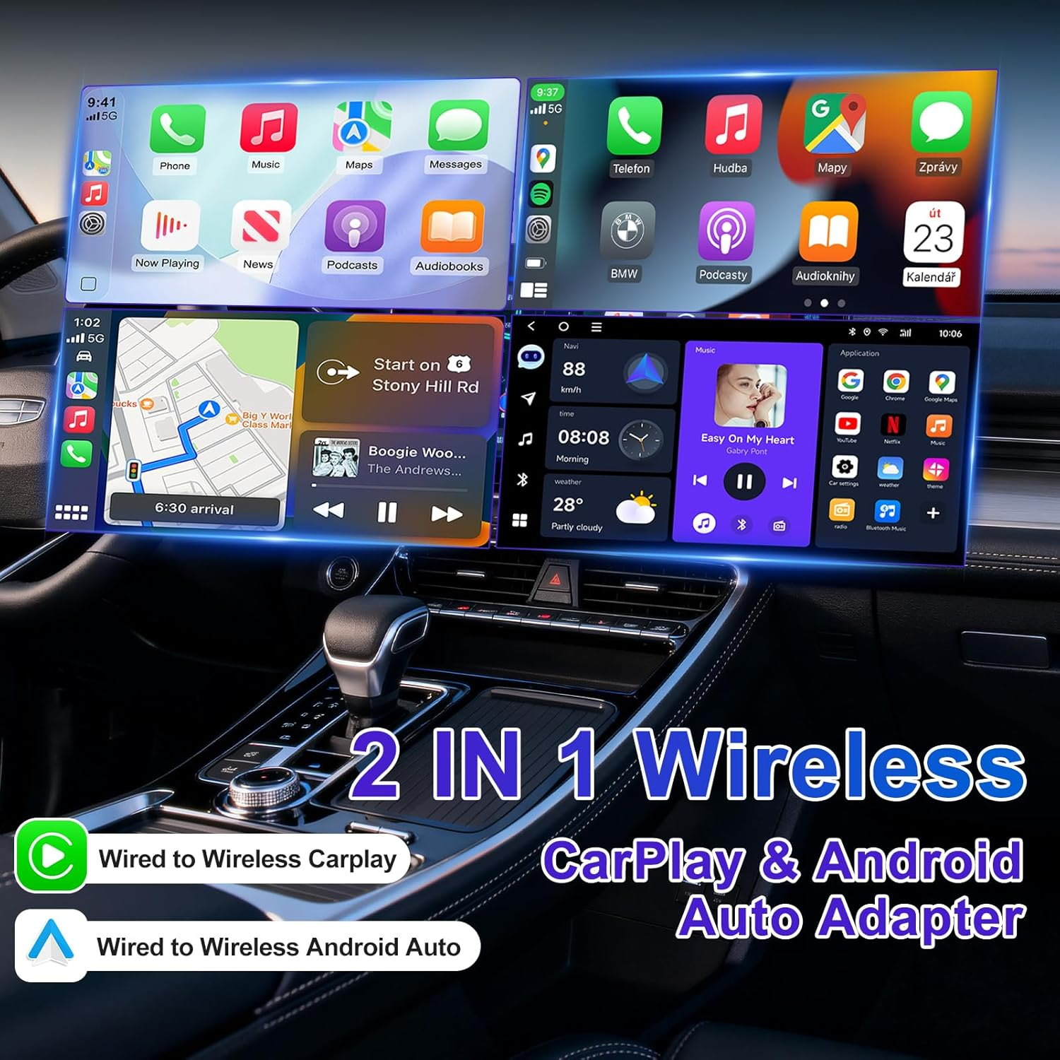 Armaturenbrett eines Autos mit mehreren Bildschirmen, die CarPlay und Android Auto zeigen.