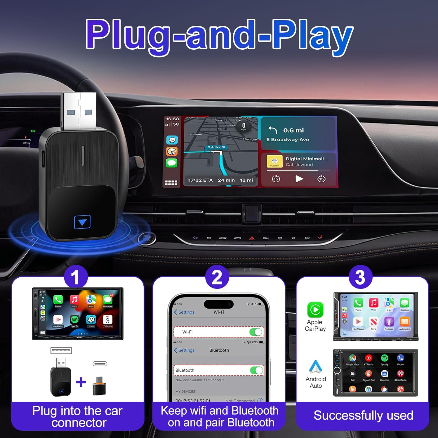 Ein Adapter wird in ein Auto gesteckt, mit Schritt-für-Schritt-Anleitungen und Erfolgsanzeige.