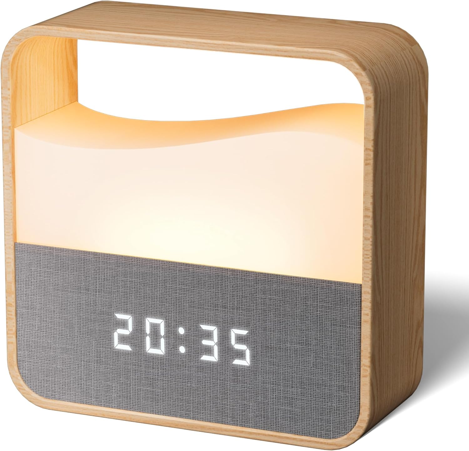 Holzwecker mit beleuchtetem Display und Lautsprechergitter.