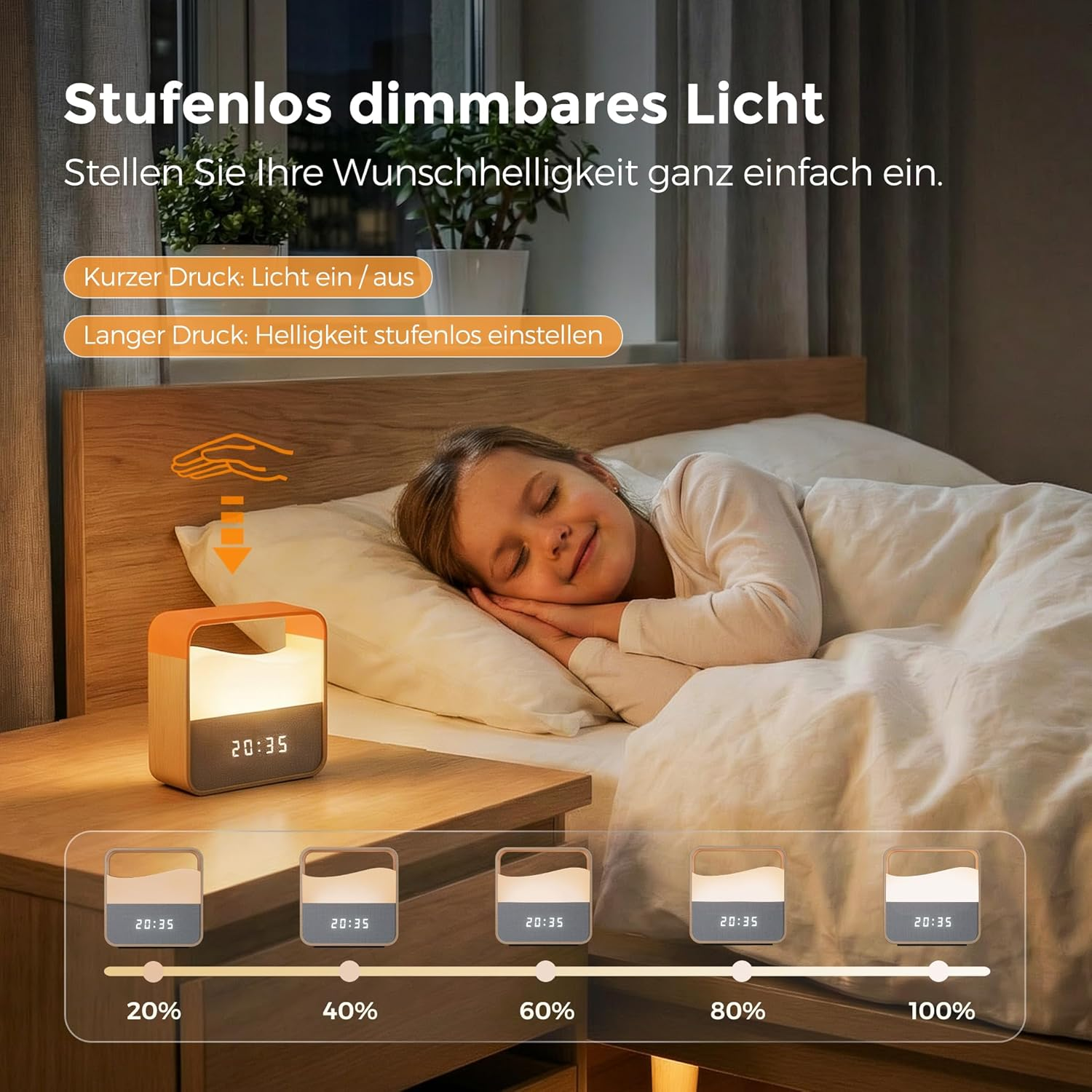 Ein Mädchen schläft im Bett, daneben ein Nachttischlicht mit Zeitschaltuhr.