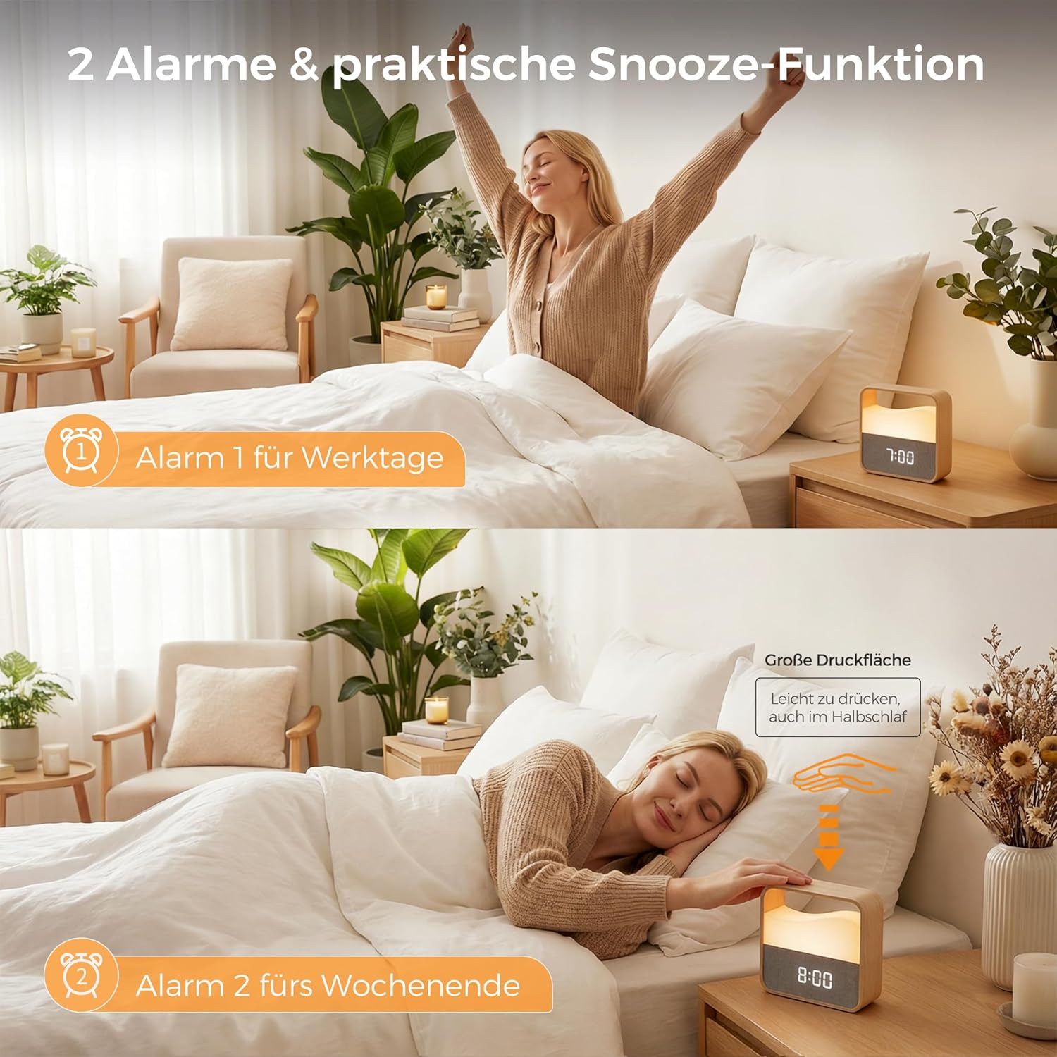 Geteiltes Bild: oben Frau beim Aufwachen, unten Frau beim Schlafen. Beide mit Nachttisch-Wecker.