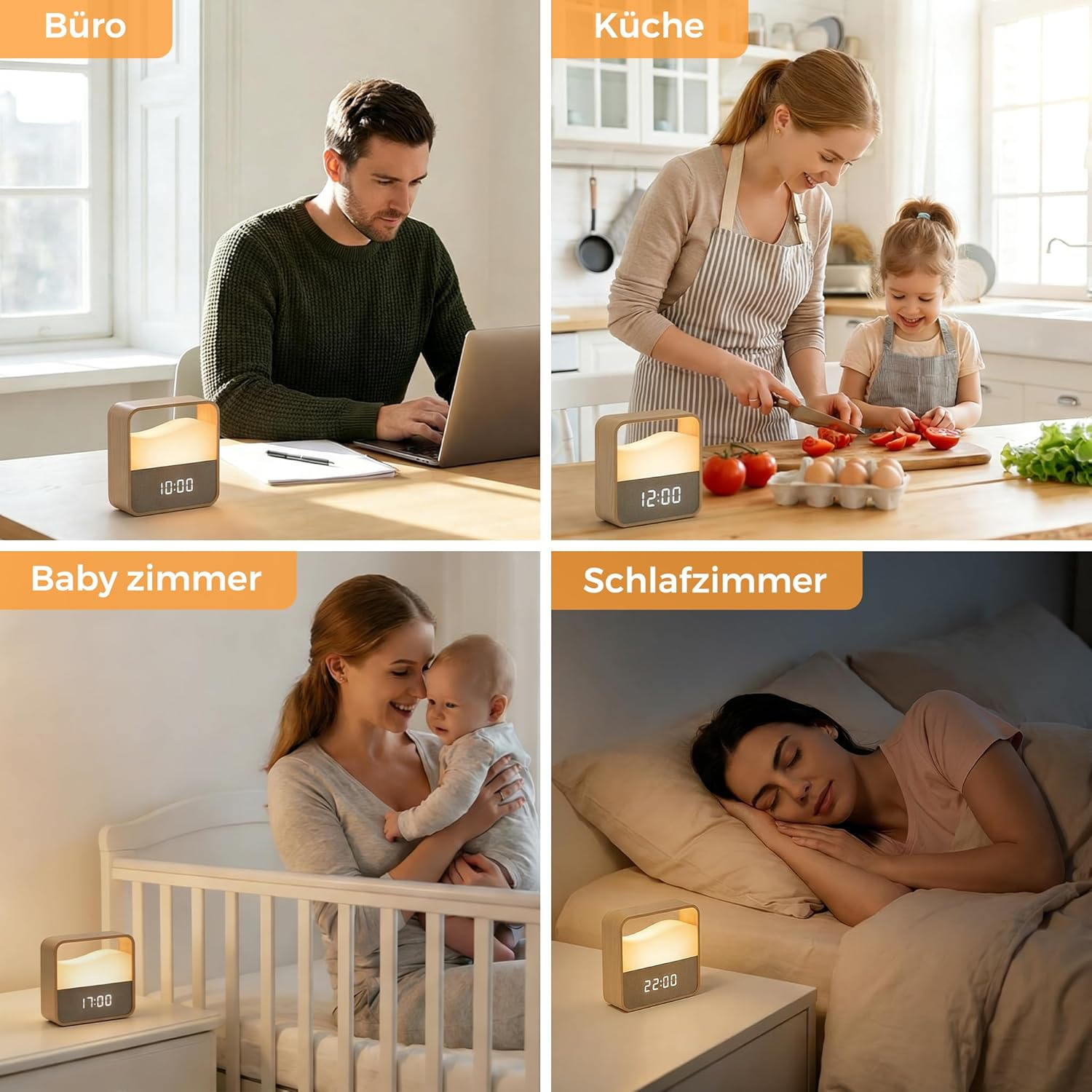 Vier Szenen: Mann bei der Arbeit, Mutter u. Kind kochen, Mutter mit Baby, Frau schläft.