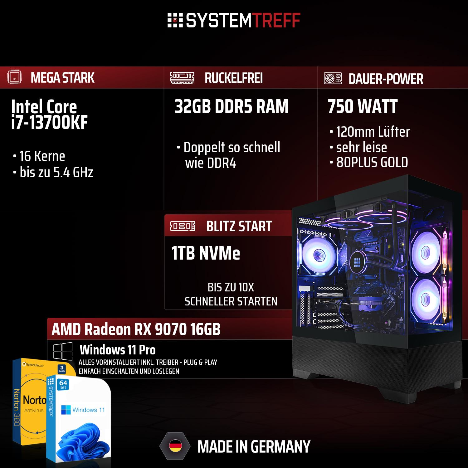 PC mit Intel Core i7, 32GB DDR5 RAM, 750W Netzteil, 1TB NVMe, RX 9070, Windows 11 Pro.