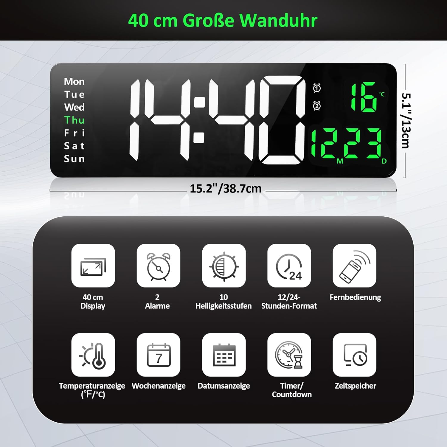 Große digitale Wanduhr zeigt Zeit, Datum, Temperatur und hat Alarmfunktionen.