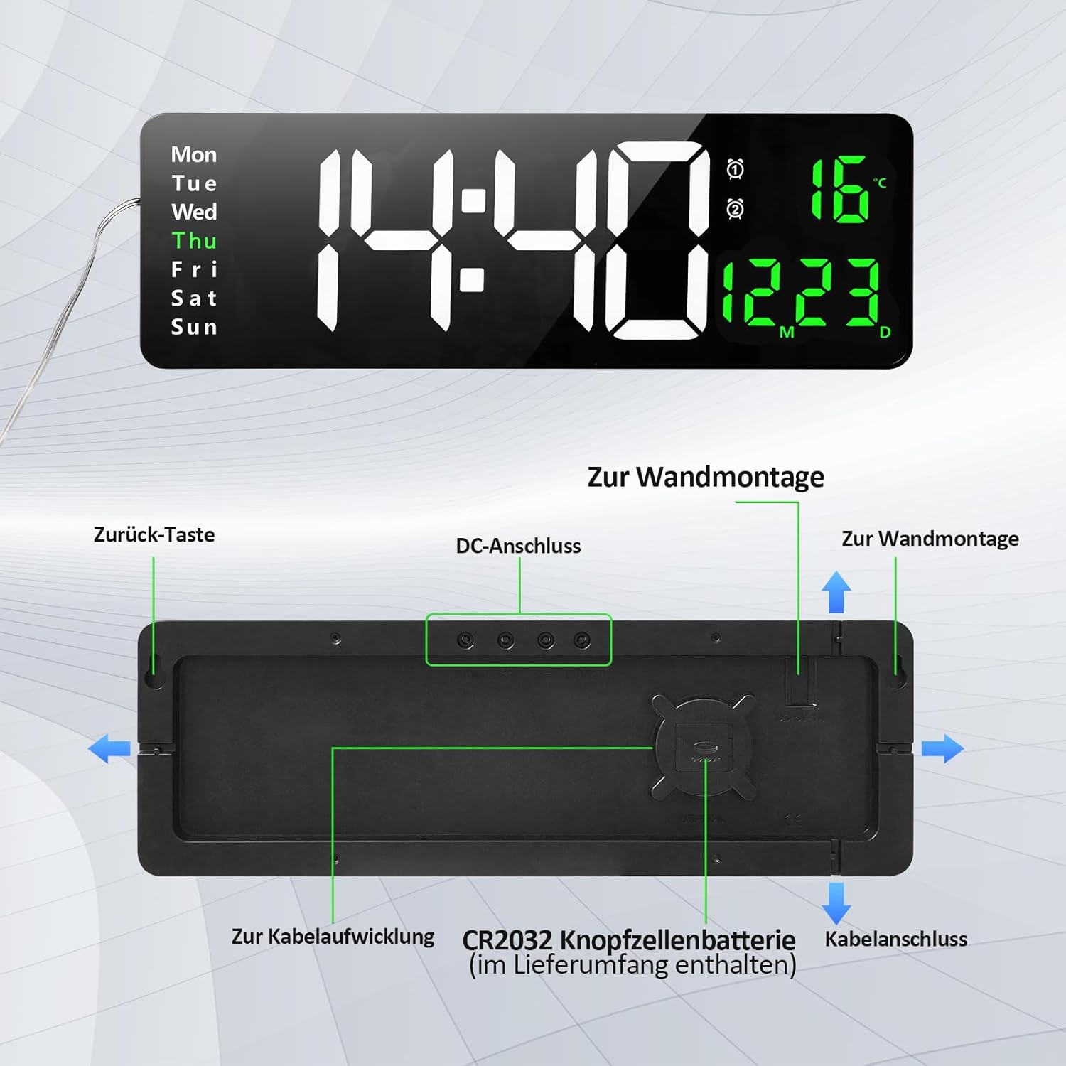Digitaluhr zeigt 14:40:22, Temperatur 16°C. Rückseite mit Wandmontageoptionen.