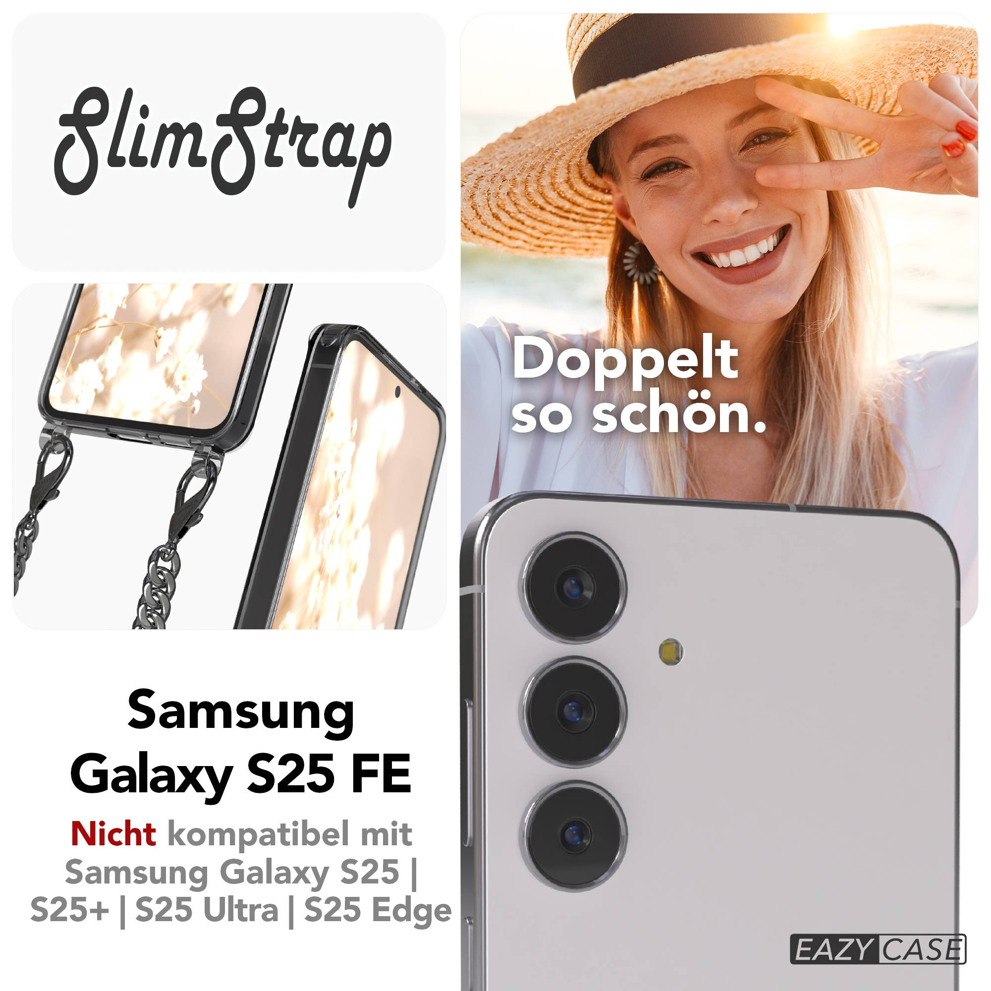 Frau mit Hut lächelt, Handyhülle mit Kette und Samsung Galaxy S25 FE.