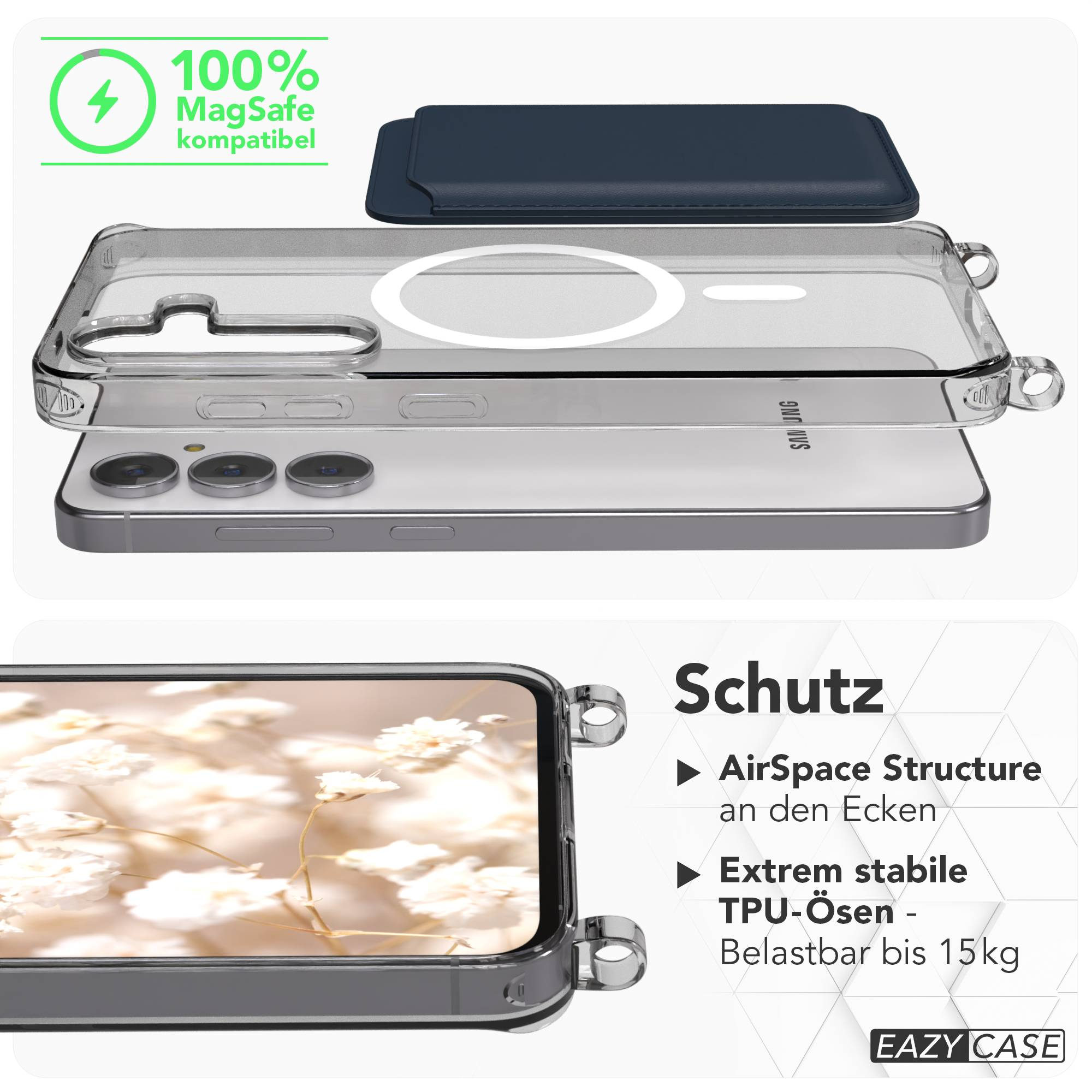 Transparente Handyhülle mit MagSafe-Kompatibilität und dunkelblauem Kartenhalter.