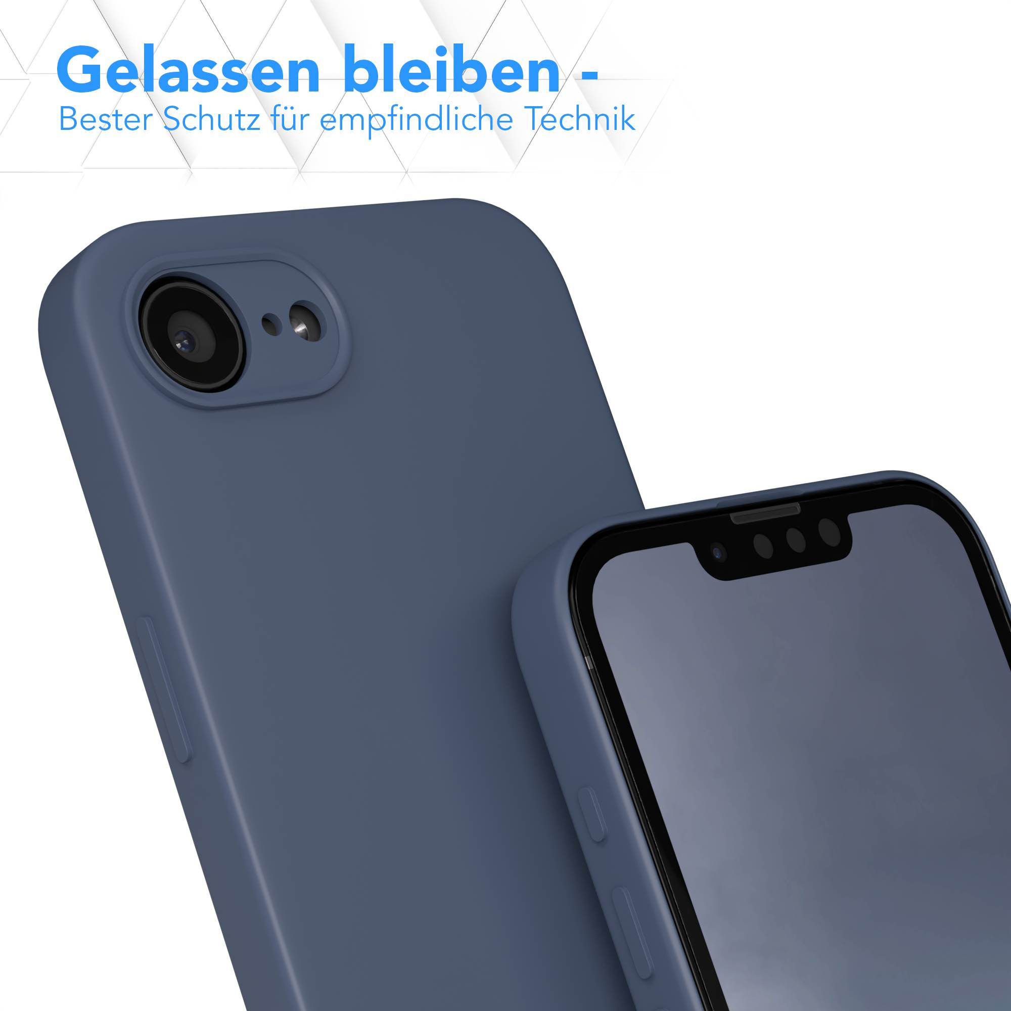 Blaue Handyhülle hinter einem Smartphone mit Notch.