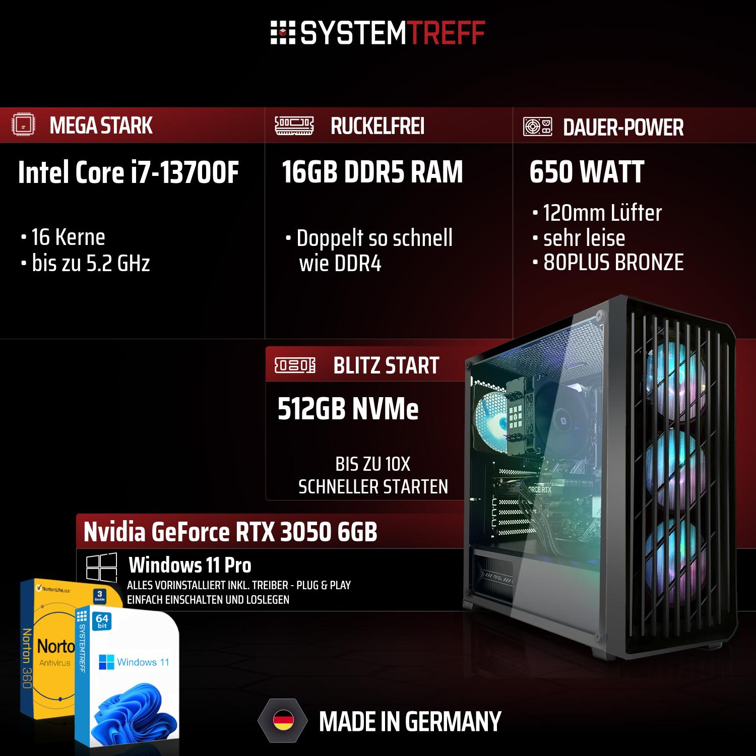 Ein Gaming-PC mit Intel Core i7, 16GB DDR5, 512GB NVMe, RTX 3050, Windows 11.