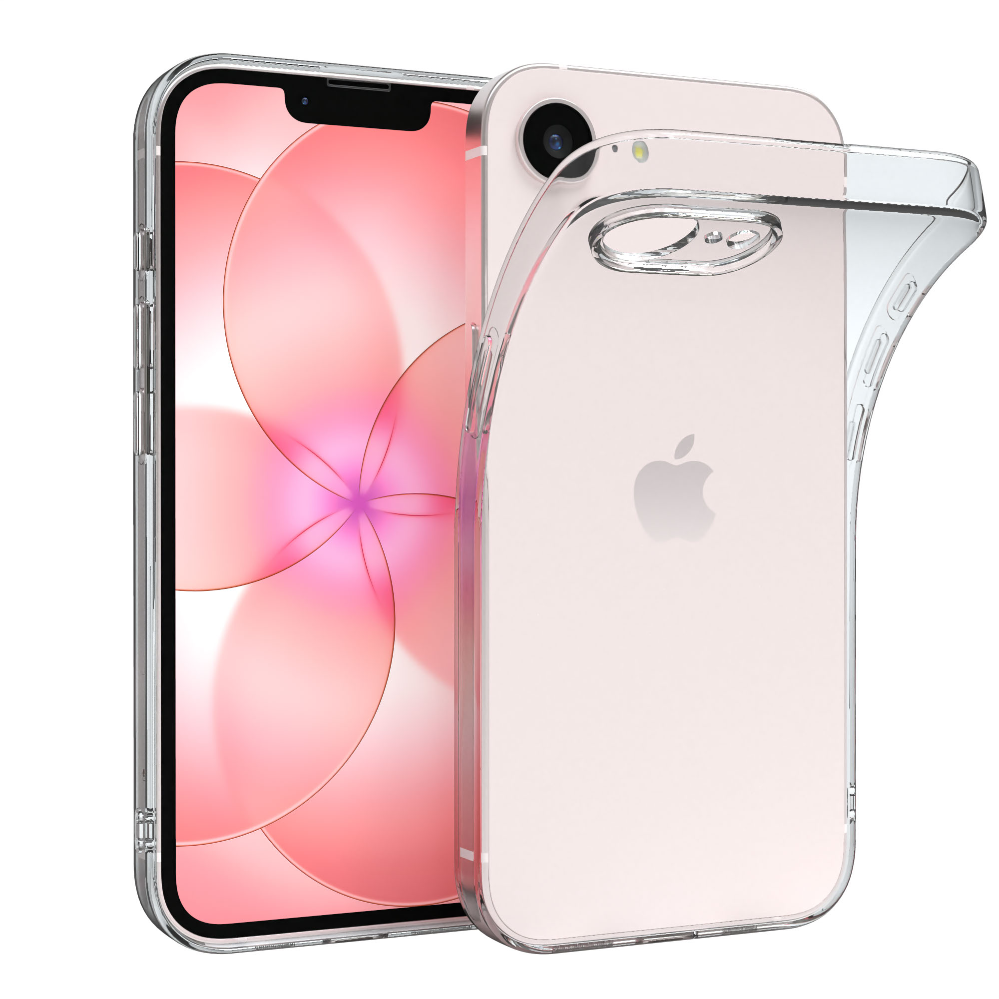 Ein transparentes Handyhülle liegt auf einem rosafarbenen Handy.