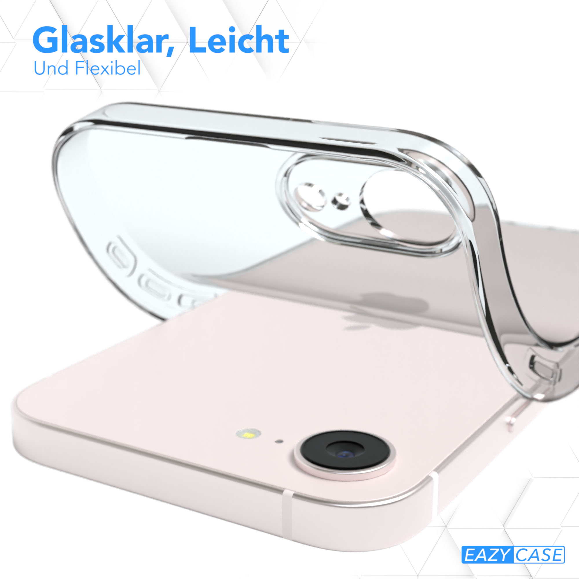 Transparente Handyhülle liegt auf einem hellrosa Smartphone.