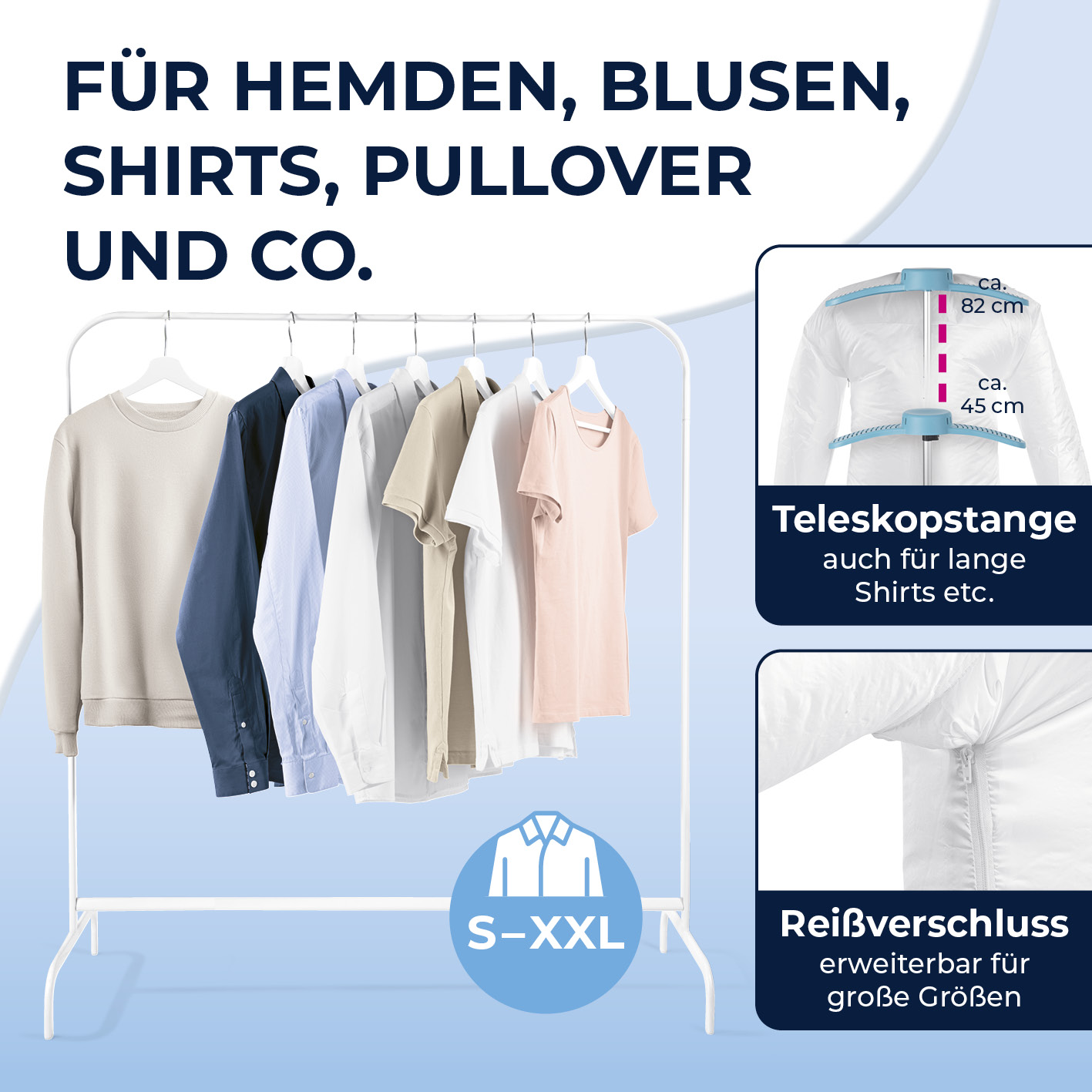 Kleiderstange mit Hemden, Pullovern und Shirts in versch. Farben. Größen S-XXL.
