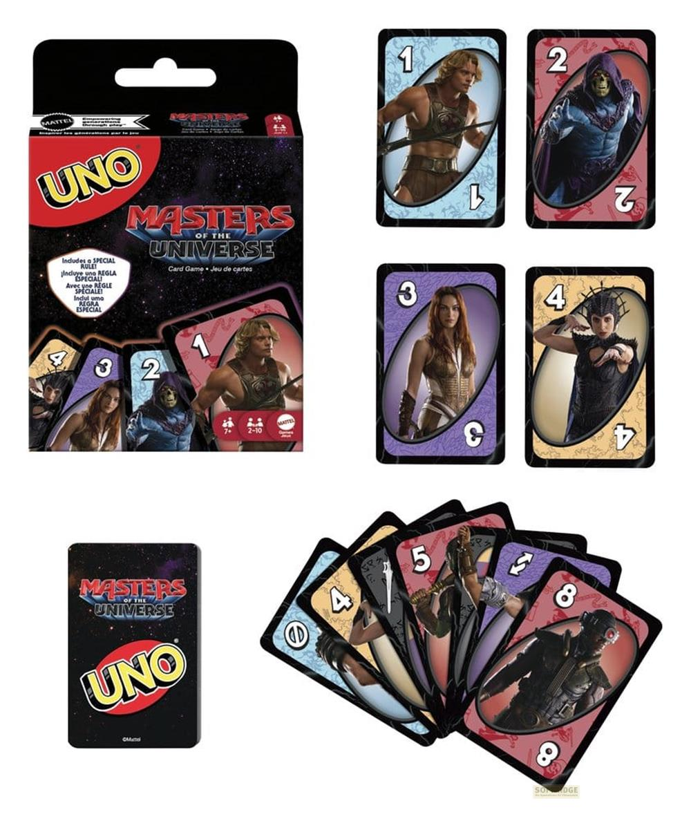 Cartes à jouer UNO Masters of the Universe et boîte avec personnages.