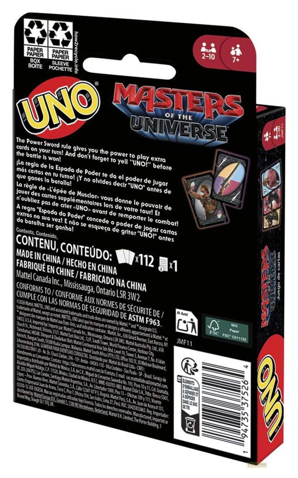 Dos de la boîte du jeu de cartes UNO Masters of the Universe avec règles et âge.