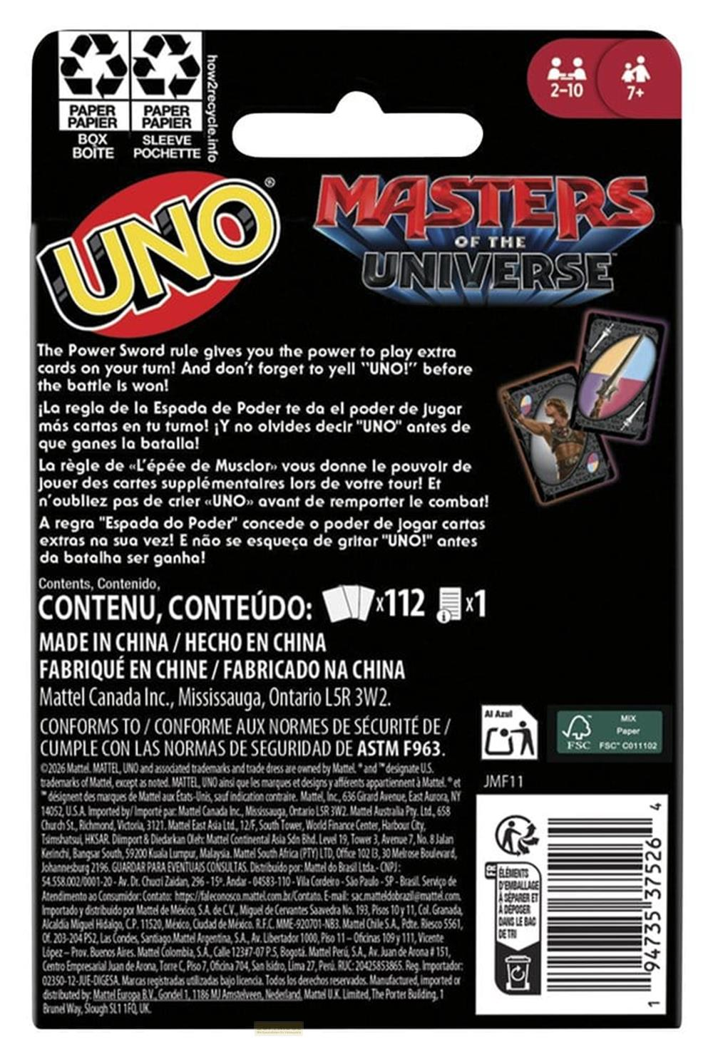Jeu de cartes UNO Masters of the Universe avec 112 cartes.
