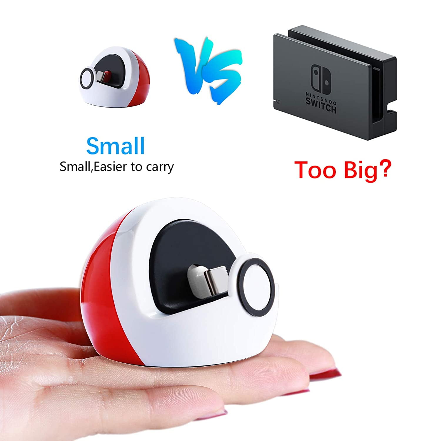Rot-weiße tragbare Ladestation in der Hand neben Nintendo Switch Dock.
