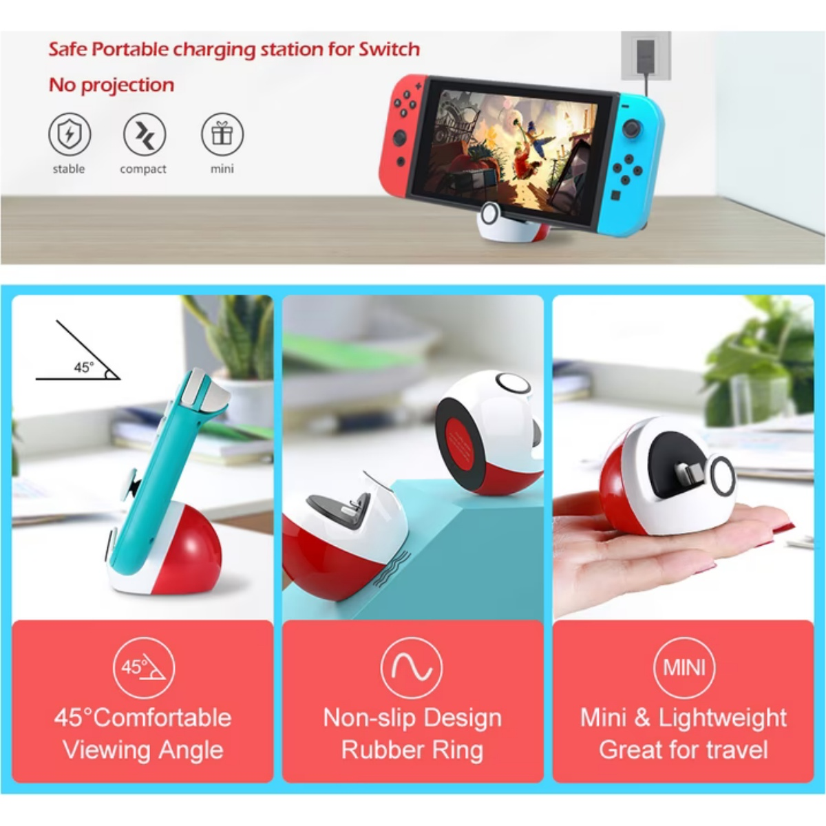 Nintendo Switch Ladestation mit 3 Ansichten: 45-Grad-Winkel, rutschfester Griff, Mini-Größe.