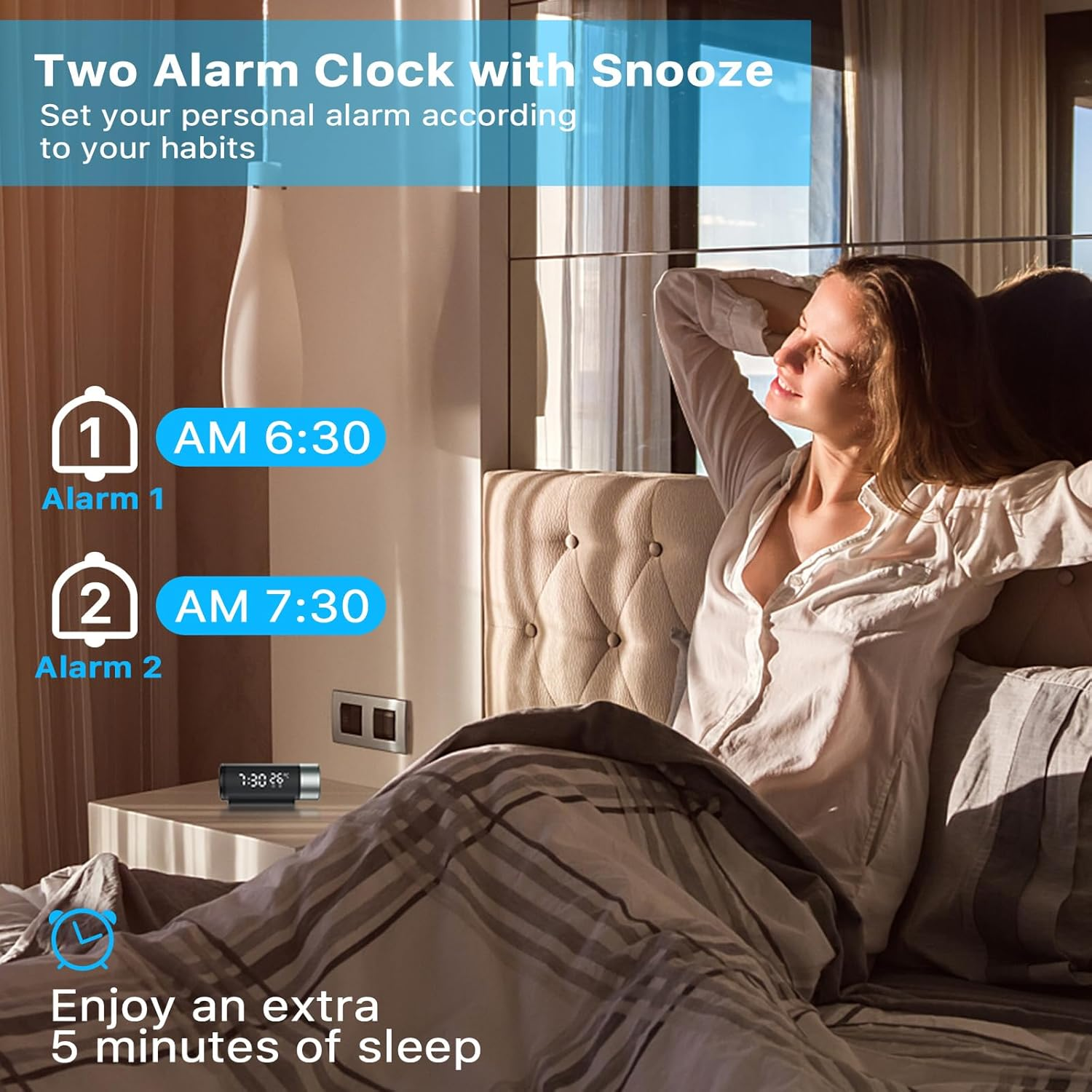 Frau im Bett mit zwei Weckern, die 6:30 und 7:30 Uhr anzeigen.
