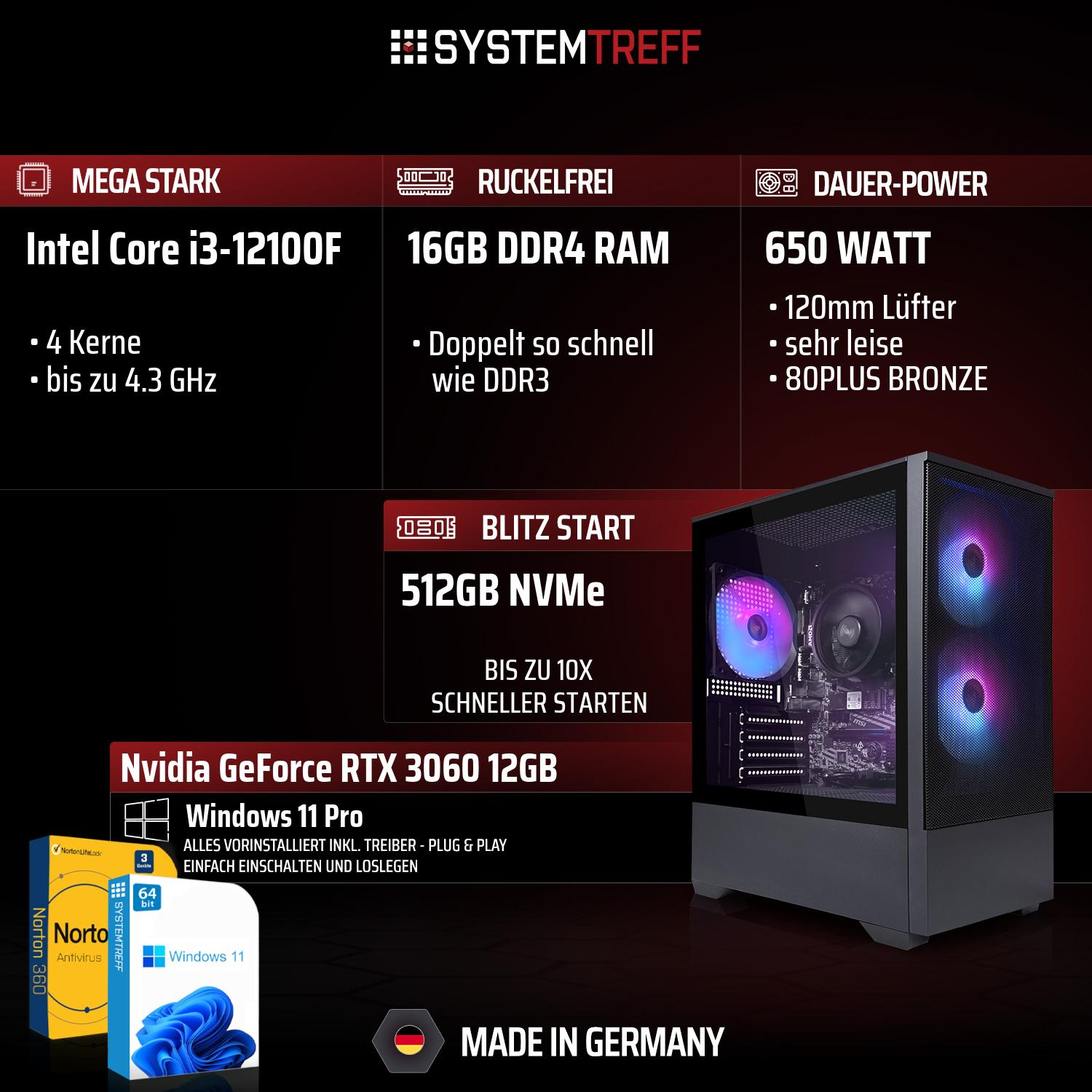 Ein Gaming-PC mit Intel Core i3, 16GB DDR4 RAM, 512GB NVMe, RTX 3060, Windows 11.