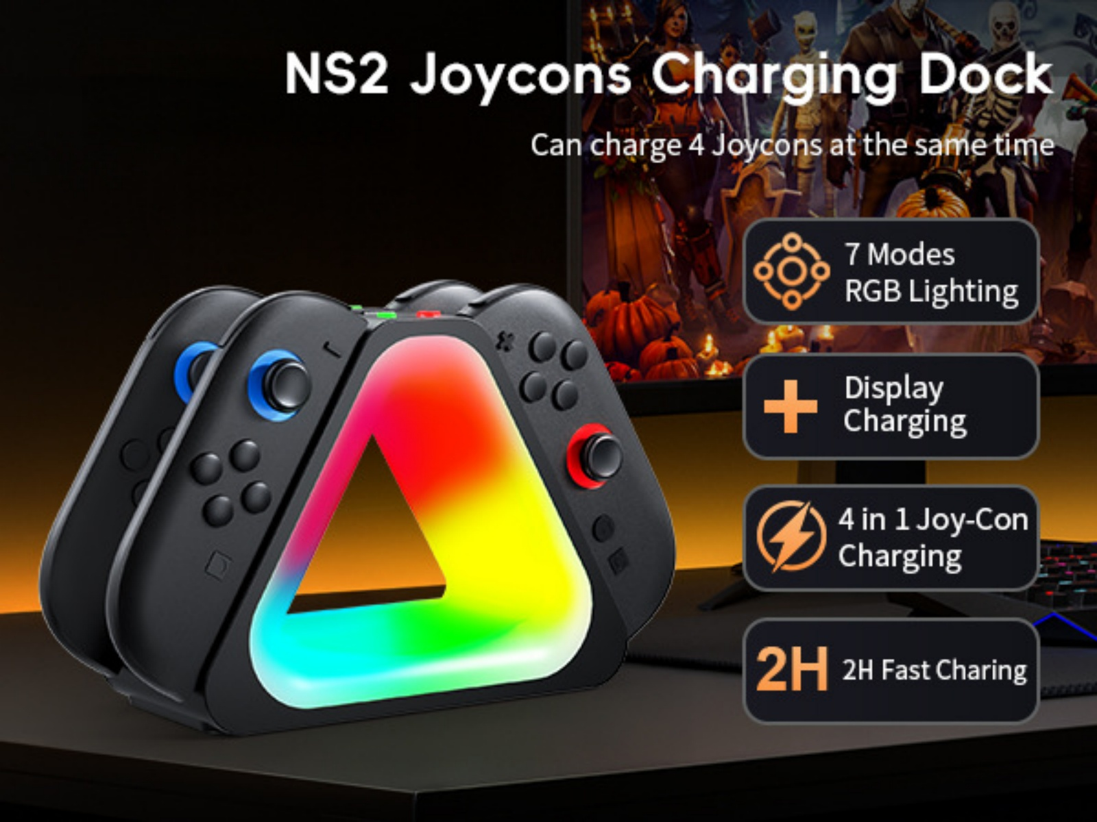 NS2 Joycon Ladestation mit RGB-Beleuchtung und Ladeanzeige.