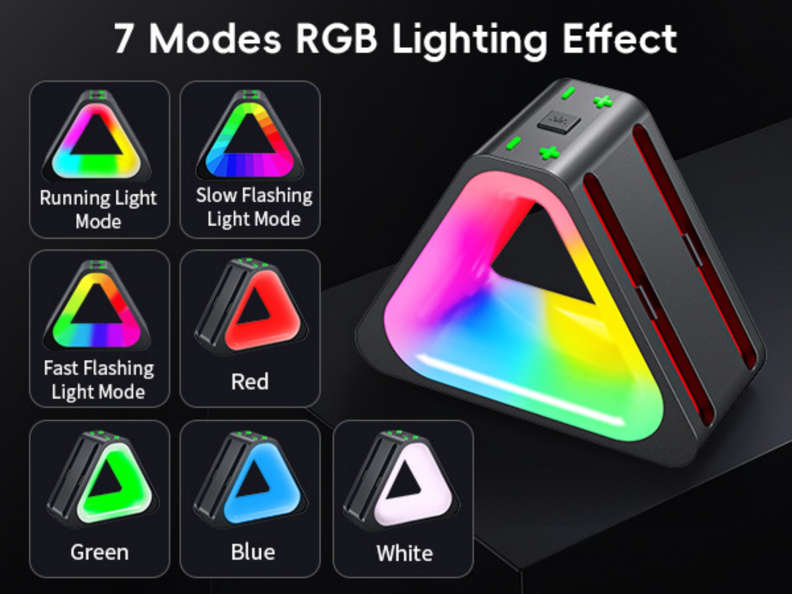 Dreieckiges Gerät mit RGB-Beleuchtung in verschiedenen Modi: Laufen, langsam blinkend, schnell blinkend, Rot, Grün, Blau, Weiß.
